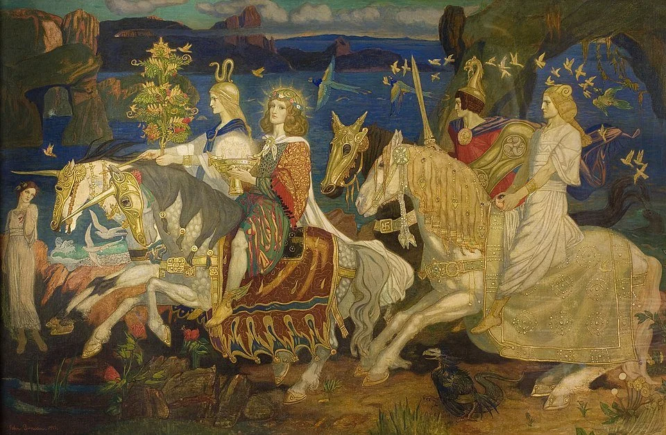 "The Riders of the Sidhe" by John Duncan, painting of Celtic mythological figures on horseback in a dreamlike landscape.