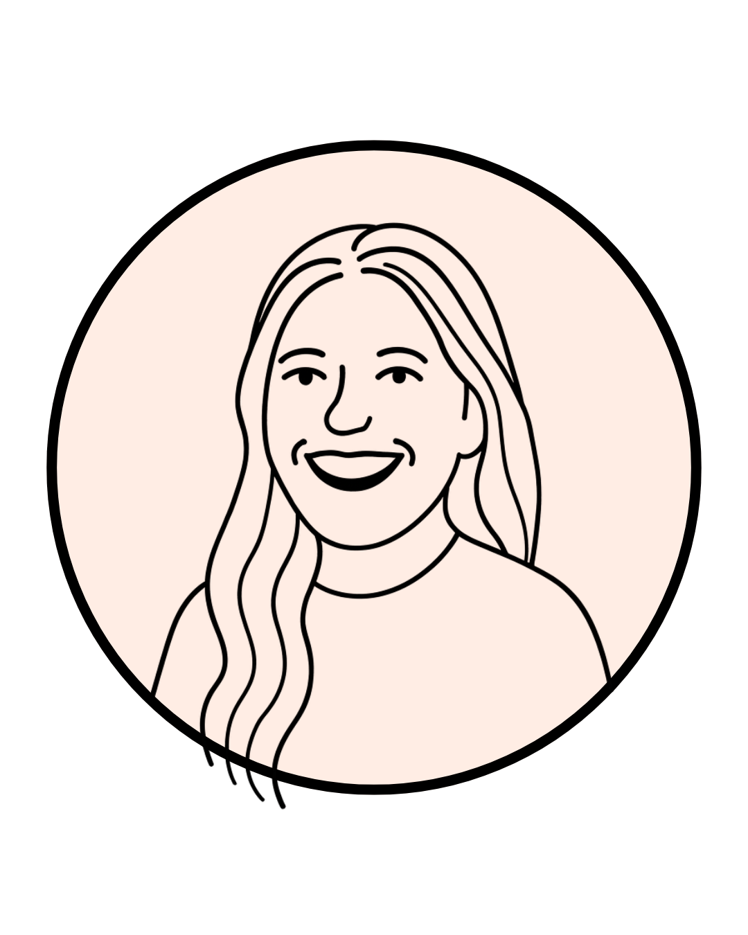 Line drawing of a smiling woman with long wavy hair, wearing a top, set against a light pink circular background.