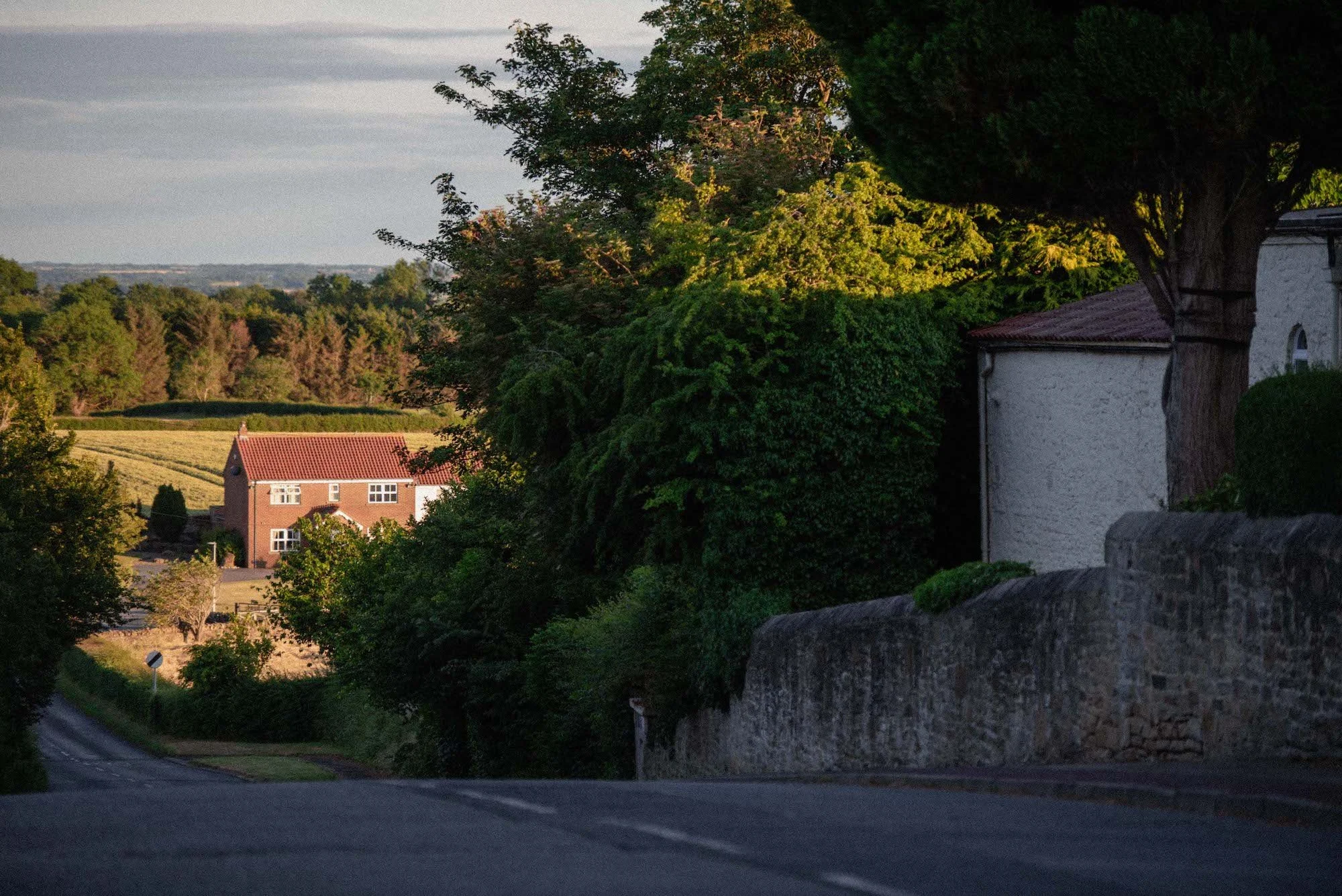 A quiet, winding country road lined with lush greenery and trees, with a house featuring a red roof visible in the distance, captured during the late afternoon or early evening.