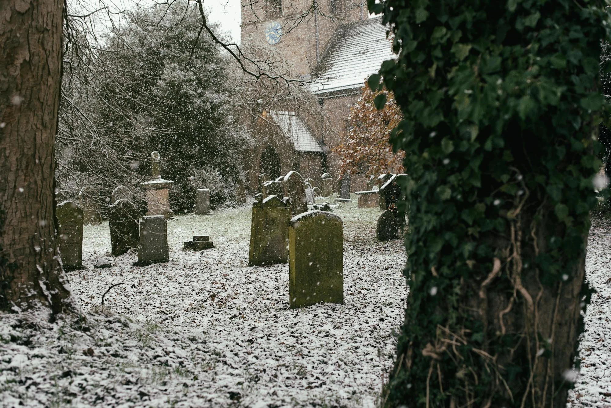 A snow-covered graveyard with old tombstones among trees, seen through a gap in a hedge.