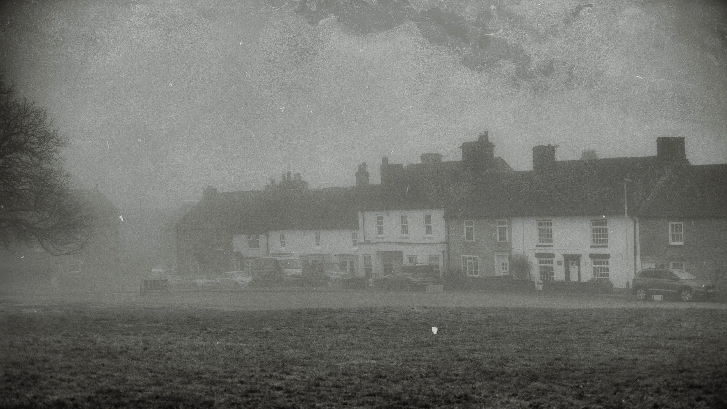 Black and white photo of a row of houses with chimneys, parked cars, and a grassy area in the foreground. A large, leafless tree is on the left side of the image, and the sky appears overcast.