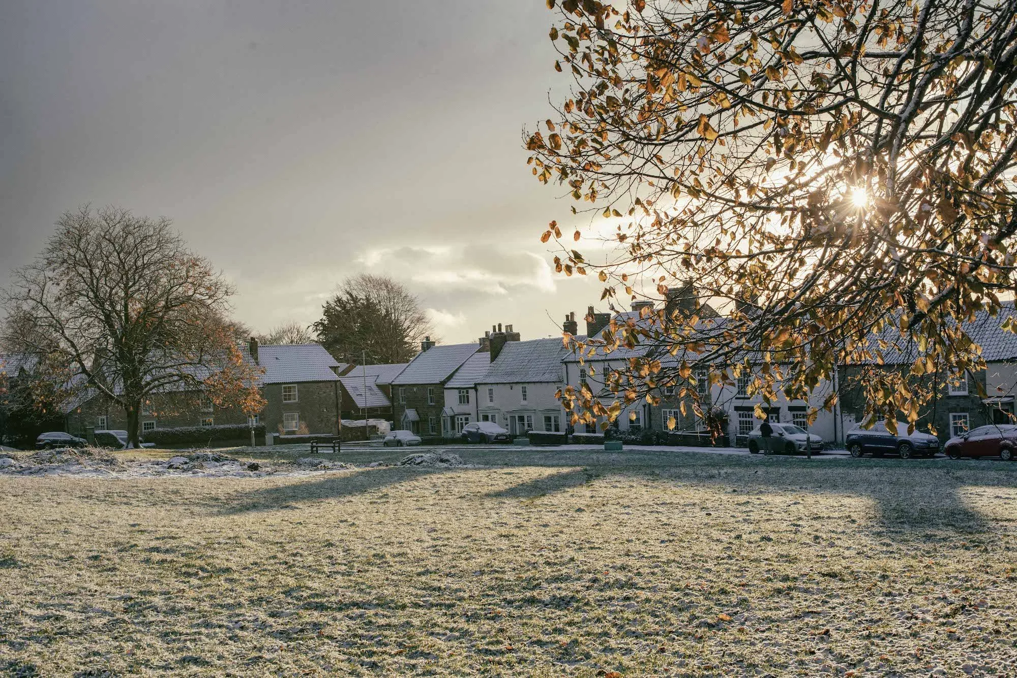 A residential neighborhood cottages in Heighington on a winter day with snow-covered Green in the foreground, leafless trees, and houses with snow-covered roofs. Sunlight filters through a tree on the right side, casting light.