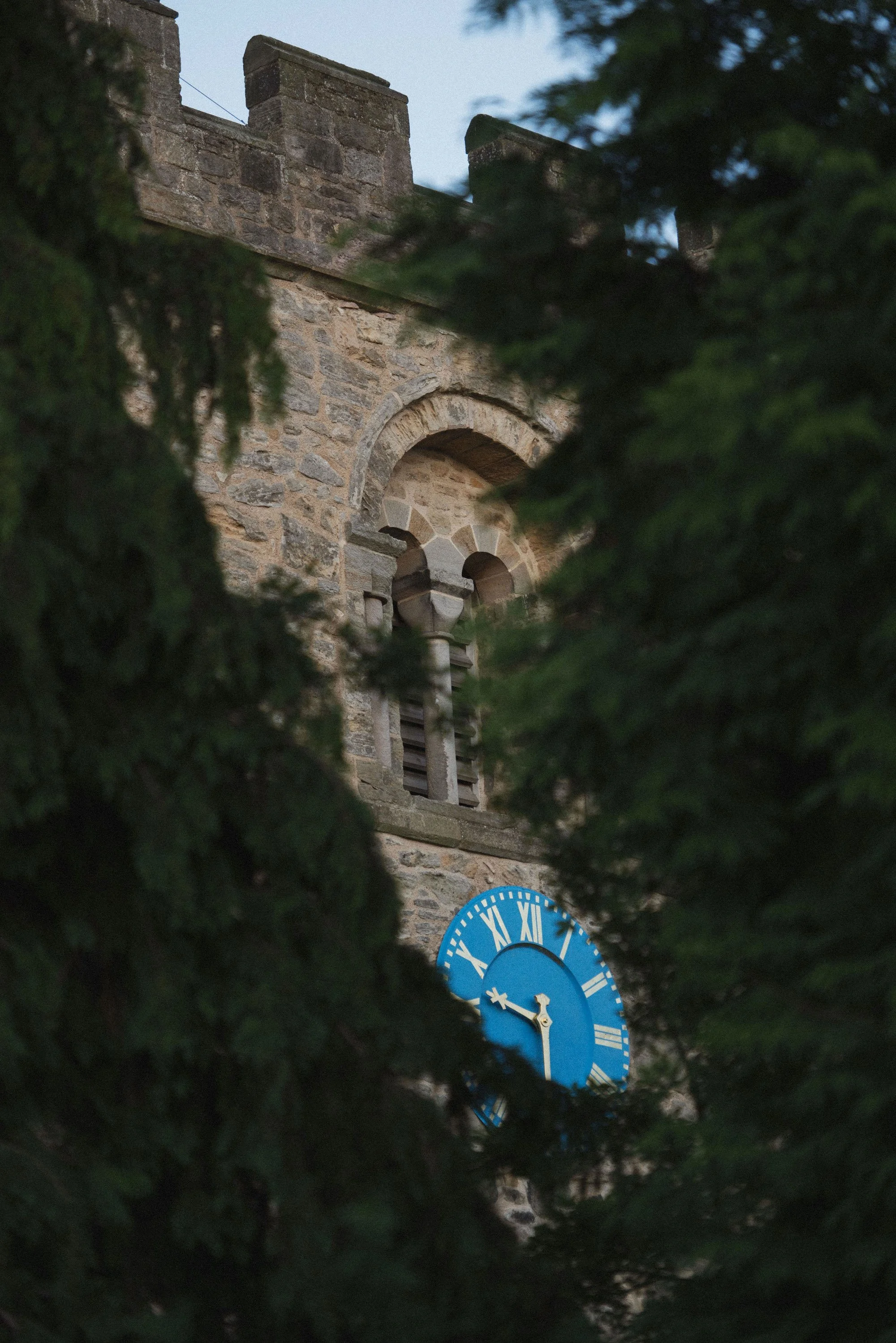 A view of a stone clock tower through dense green foliage, showing a blue clock face with Roman numerals and white hands, indicating the time as approximately 5:48.