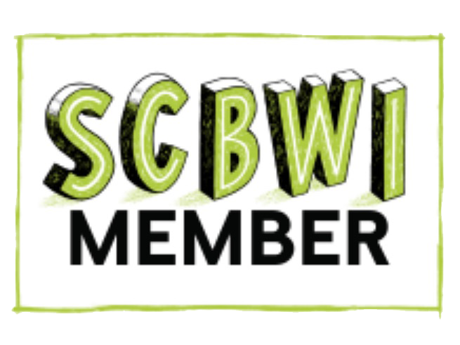 SCBWI MEMBER in black and green 3D text on a white background with a green outline.