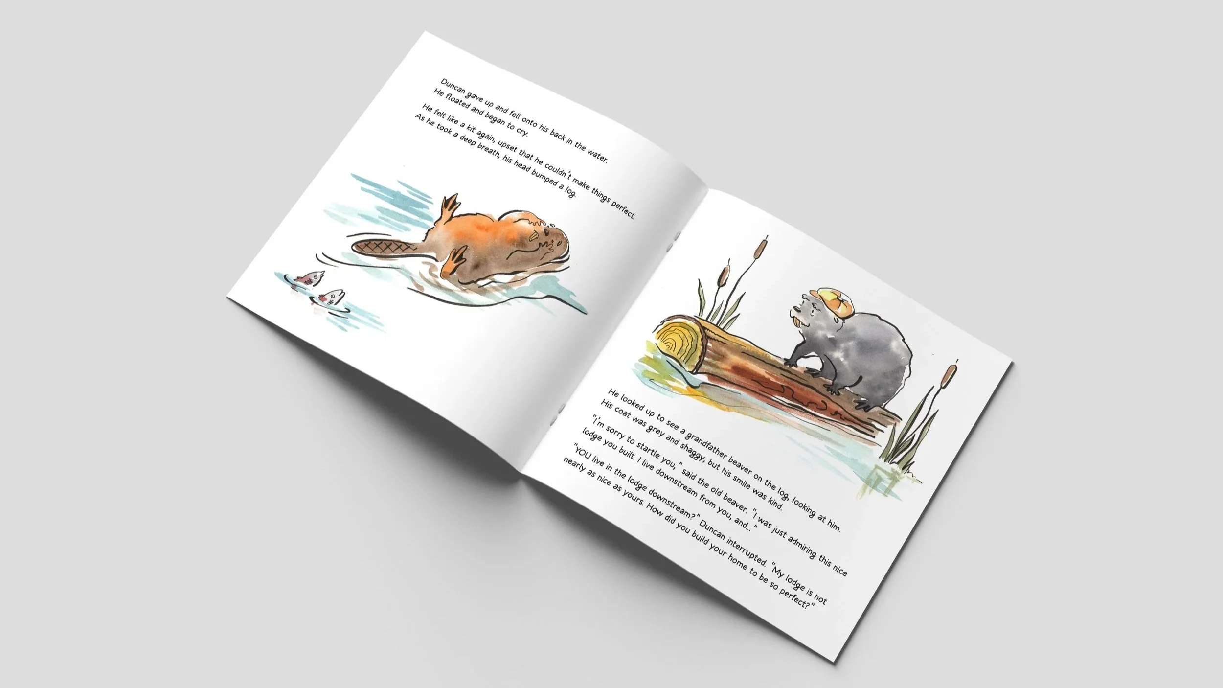 Open children's book with watercolor illustrations of a beaver floating on water and a beaver sitting on a log, accompanied by text.