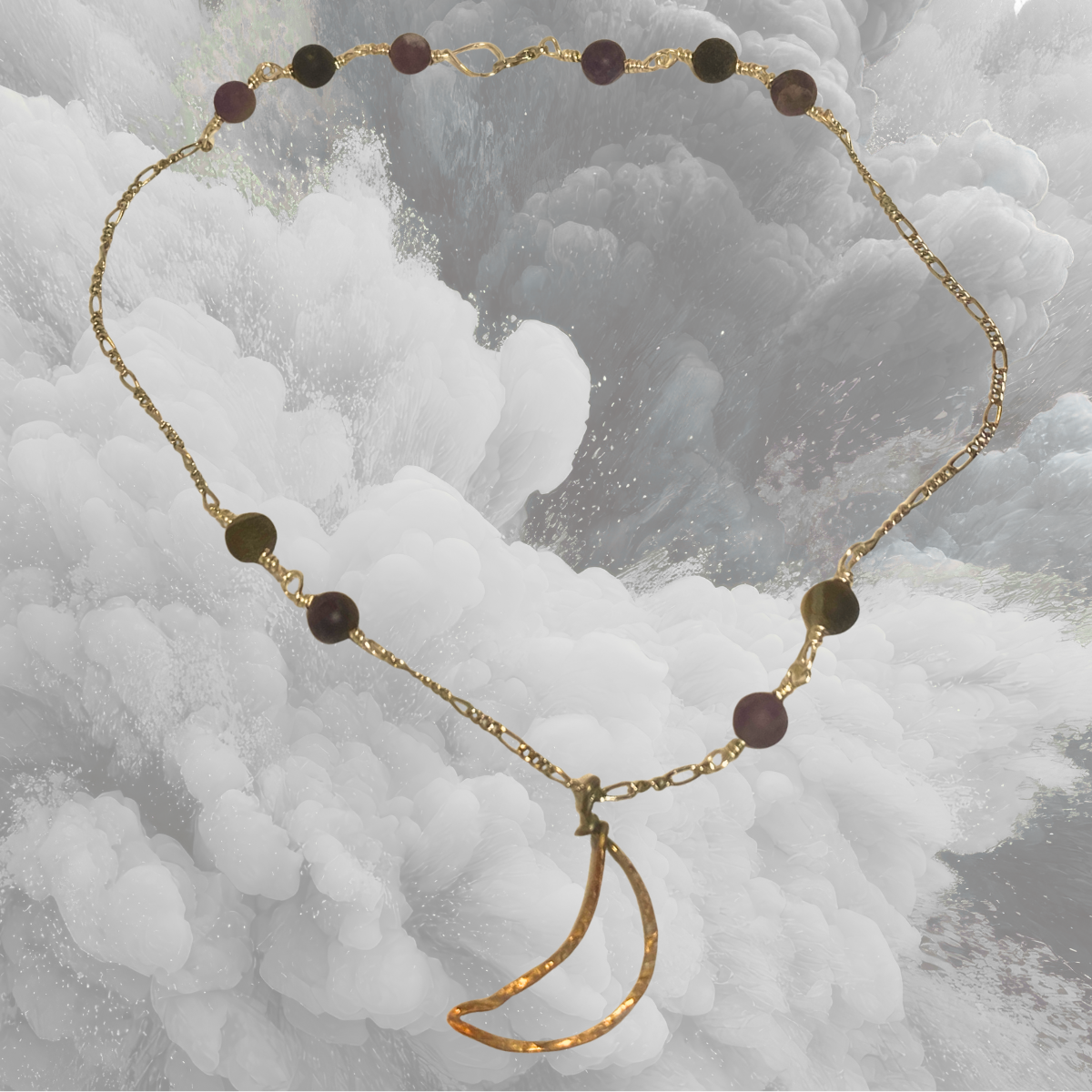 Silver Copper Hammered Moon Pendant, with Drusy Agate and Amethyst