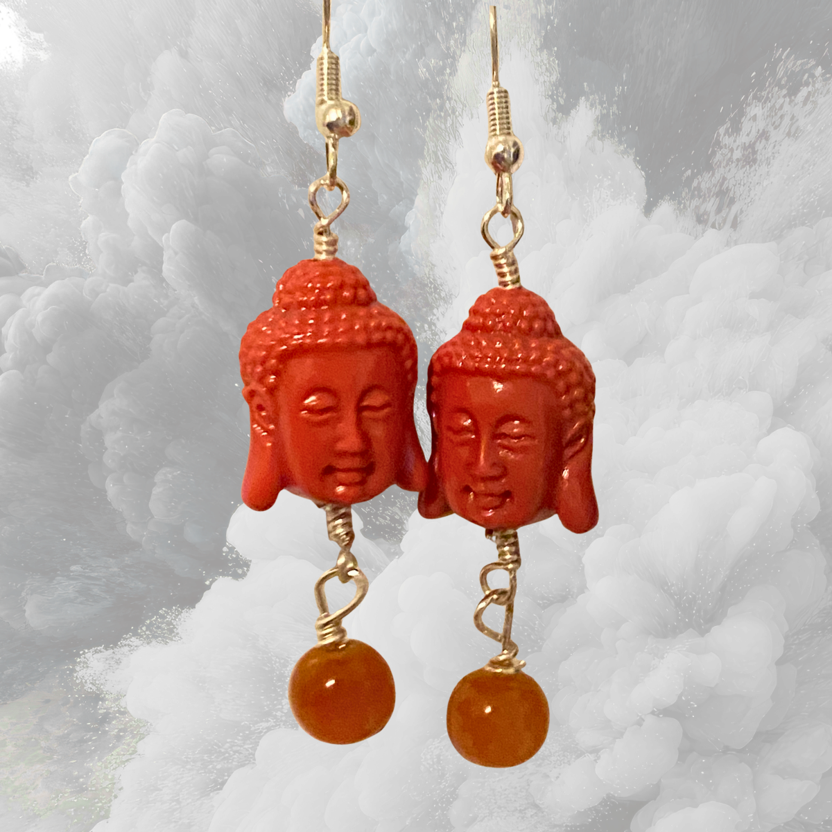 Red Coral Buddah and Carnelian Earrings
