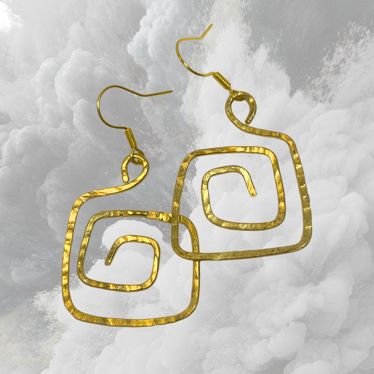 Gold Square Hammered Copper Swirl Earrings