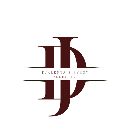 A logo for Djalenta's Event Collective featuring stylized initials 'D' and 'E' in dark red with horizontal lines and small text below that reads 'Djalenta's Event Collective'.