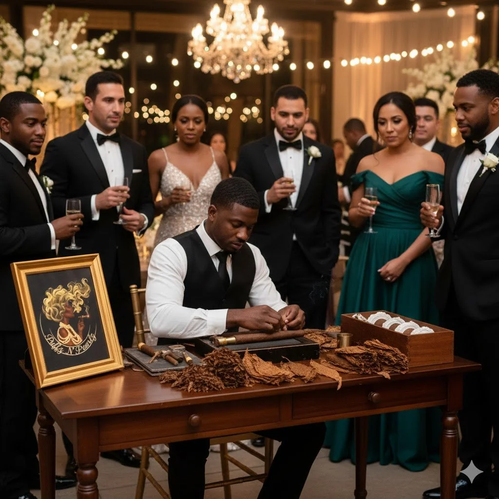 A man in a black vest and white shirt is sitting at a table with cigars, cutting cigar tobacco and wrapping cigars. Around him, several elegantly dressed guests in tuxedos and evening gowns are holding champagne glasses, observing the cigar-making process. The setting appears to be a fancy event or wedding reception with chandelier lighting and floral decorations.
