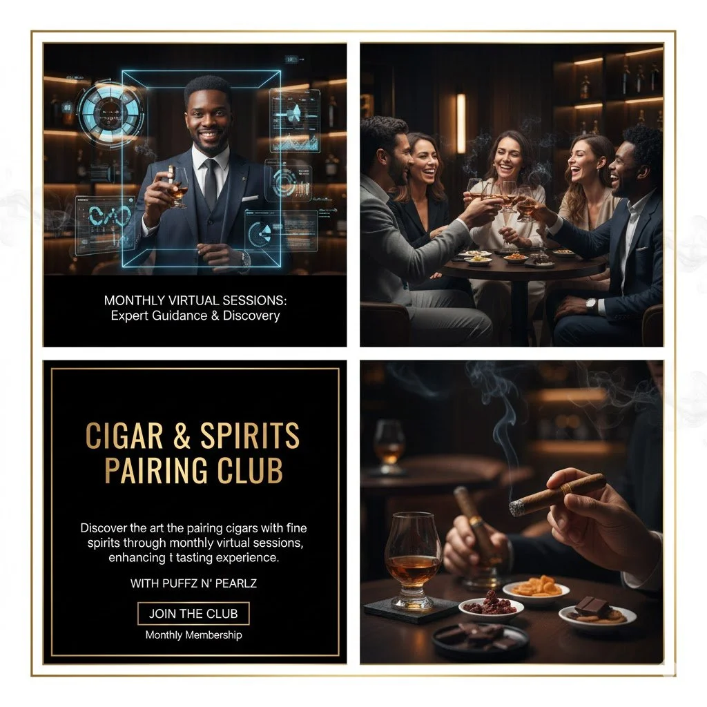 A promotional collage advertising a cigar and spirits pairing club. The top left features a man in a suit holding a glass of whiskey with digital graphics around him. The top right shows a group of five diverse friends enjoying drinks and conversation at a bar. The bottom left contains text about the club and monthly virtual sessions. The bottom right displays close-up of a person smoking a cigar with a glass of whiskey and snacks on the table.