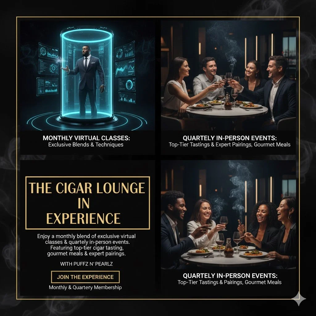 A promotional poster for The Cigar Lounge Experience, featuring virtual classes, in-person events with tastings and gourmet meals, and a membership offer.