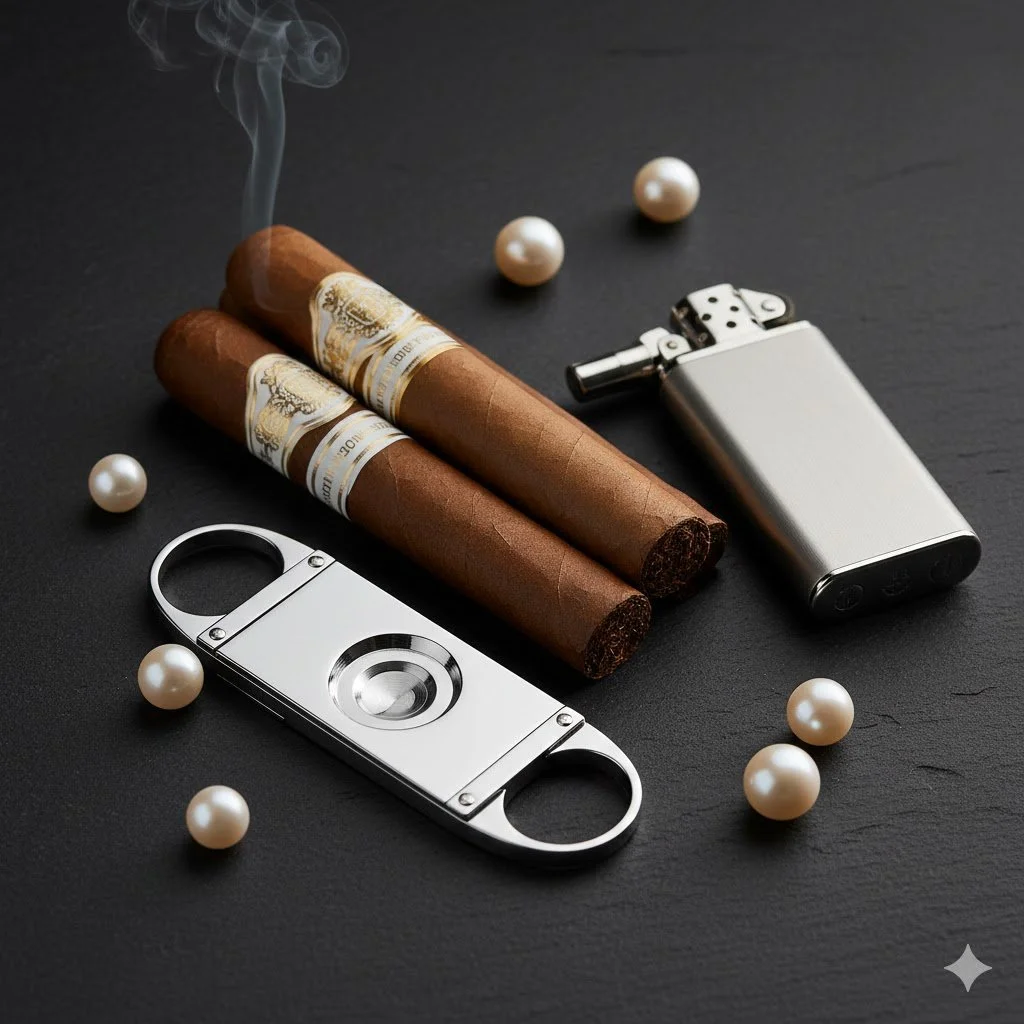 Two cigars, a cigarette lighter, a mechanical cigarette snuffer, and several white pearl-like beads scattered on a black surface.