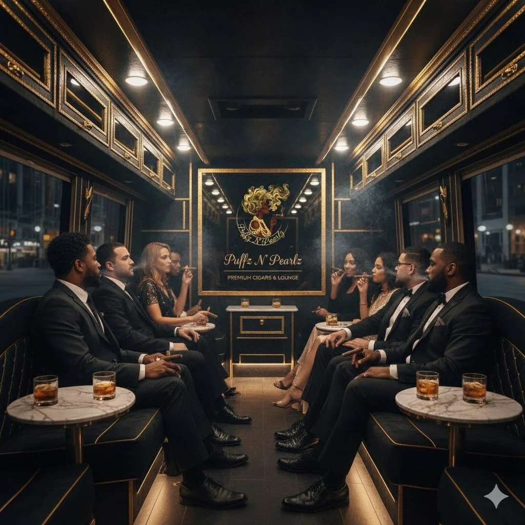 Eight people sitting in a luxurious cigar lounge, dressed in formal attire, smoking cigars and enjoying drinks, with elegant black and gold decor and a sign that reads "Puff N Pearls Premium Cigars & Lounge."
