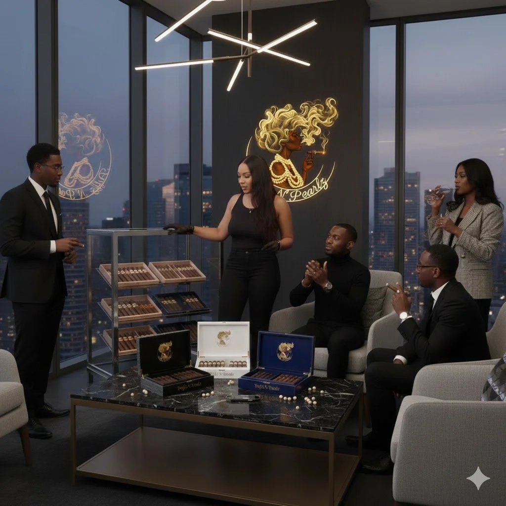 A group of five well-dressed Black people in a modern office or lounge with floor-to-ceiling windows and city views, engaging in a cigar and cigar box tasting session, with a neon sign of a stylized woman smoking a cigar on the wall.