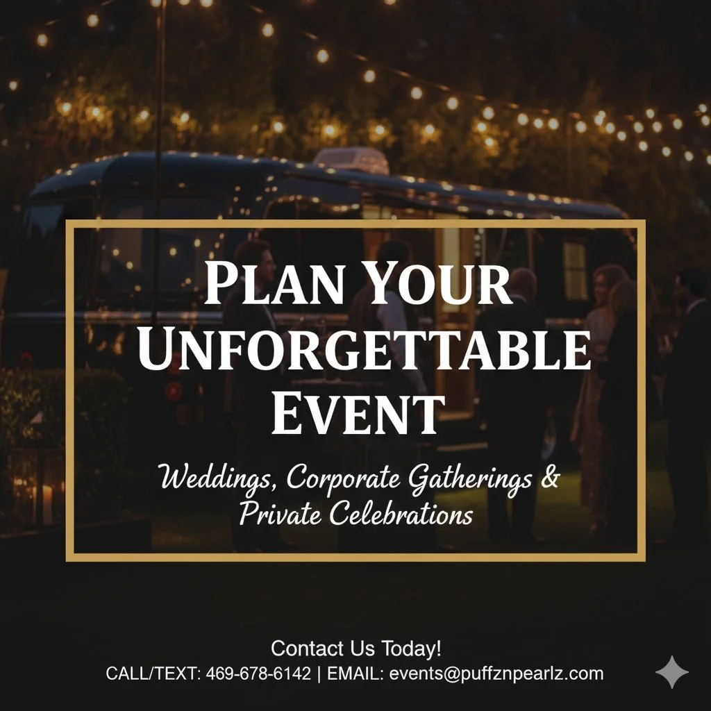 An outdoor event at night with string lights, people gathered near a trailer or bus, and a promotional overlay for planning memorable events like weddings, corporate gatherings, and private celebrations.
