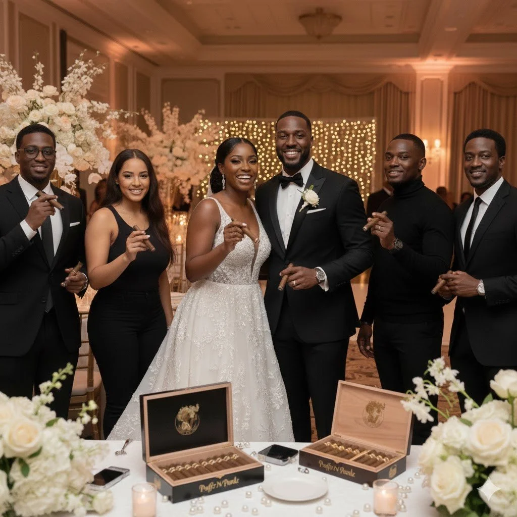 A group of seven people, including a bride and groom, smiling and holding cigars at a wedding reception. The bride is wearing a white lace wedding gown, and the groom is in a black tuxedo with a bow tie. The background is decorated with floral arrangements and fairy lights.