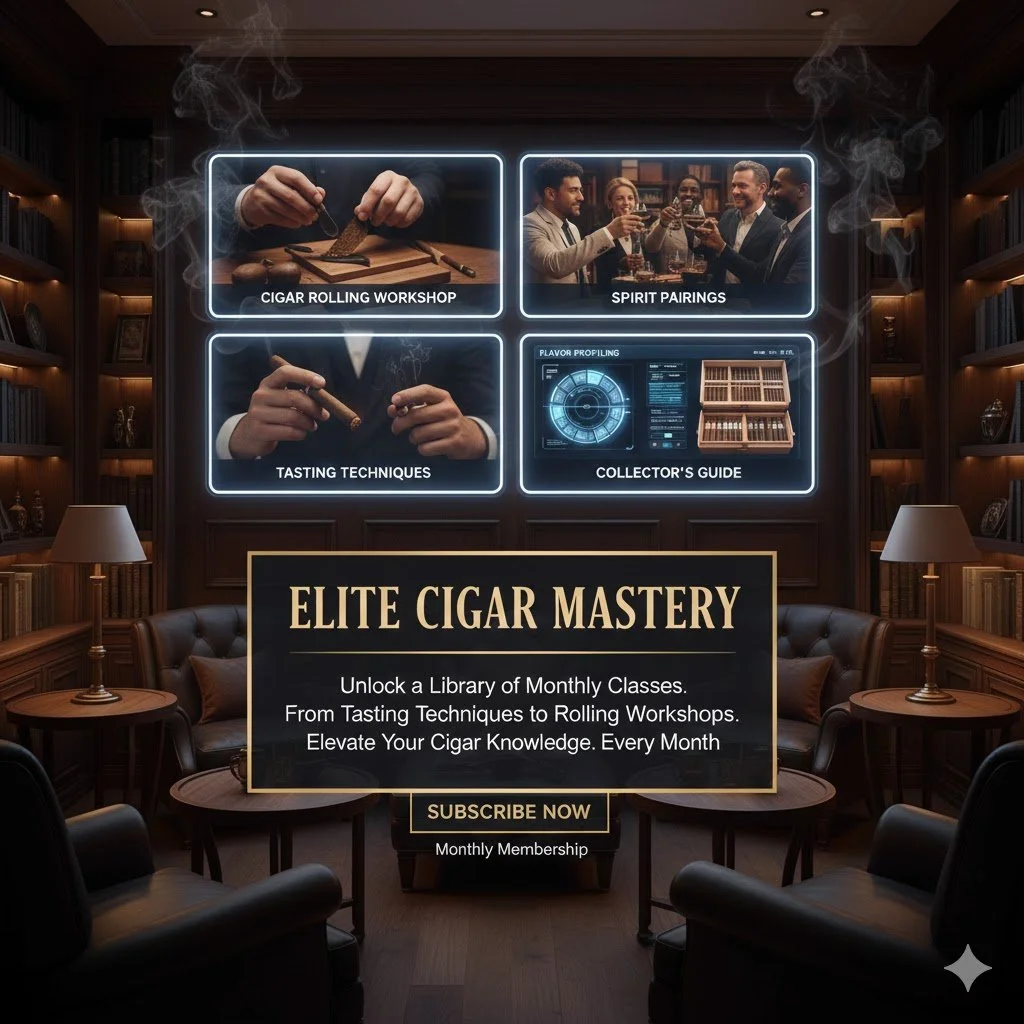 Promotion poster for elite cigar mastery classes featuring images of cigar rolling workshop, spirit pairings, tasting techniques, and collector's guide, set in a cozy library-like room with dark wood furniture and lighting.