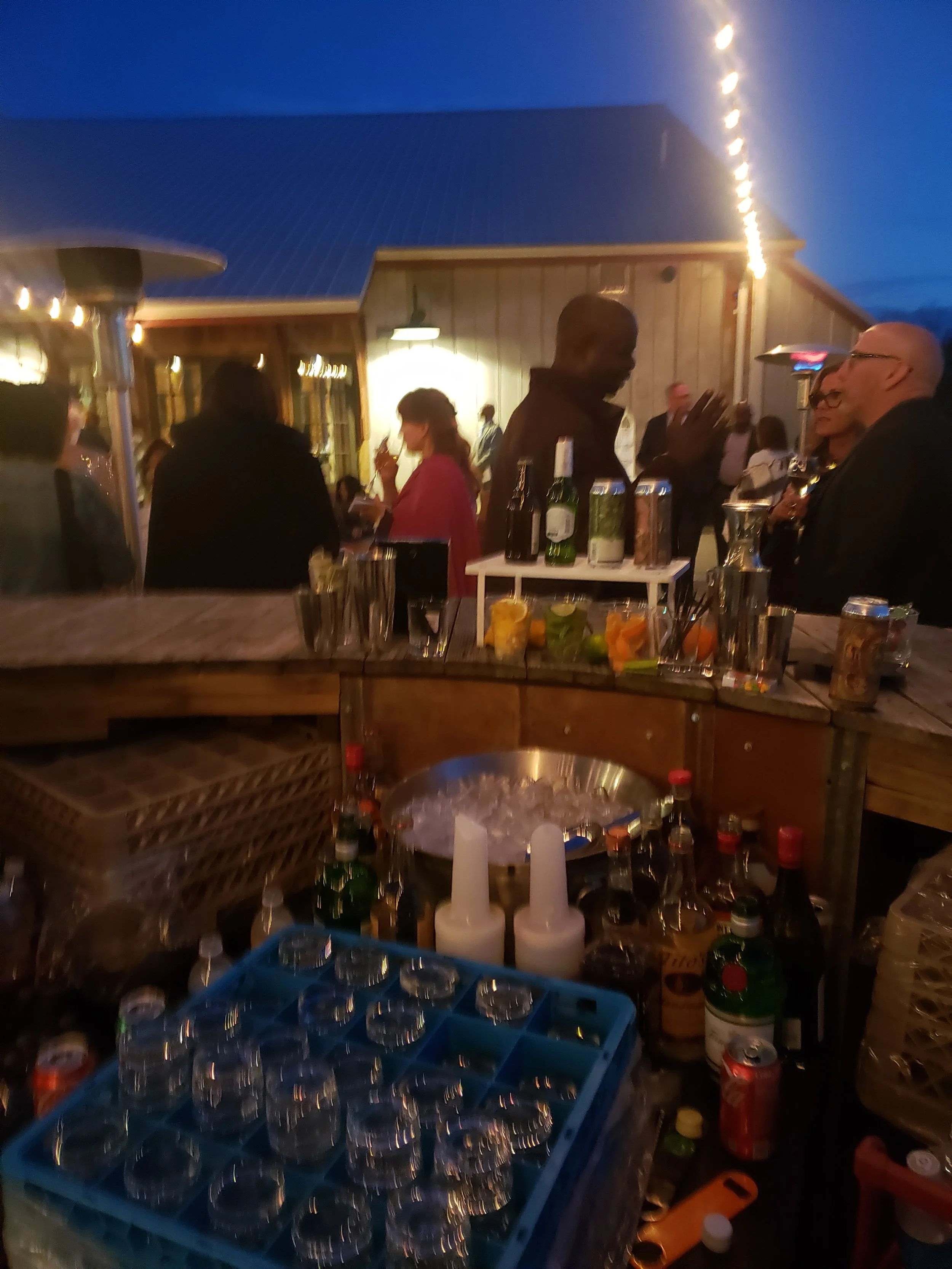 Outdoor evening gathering at a bar with people talking and drinking, bar supplies, bottles, and ice on the counter, warm lighting, wooden building, string lights overhead.