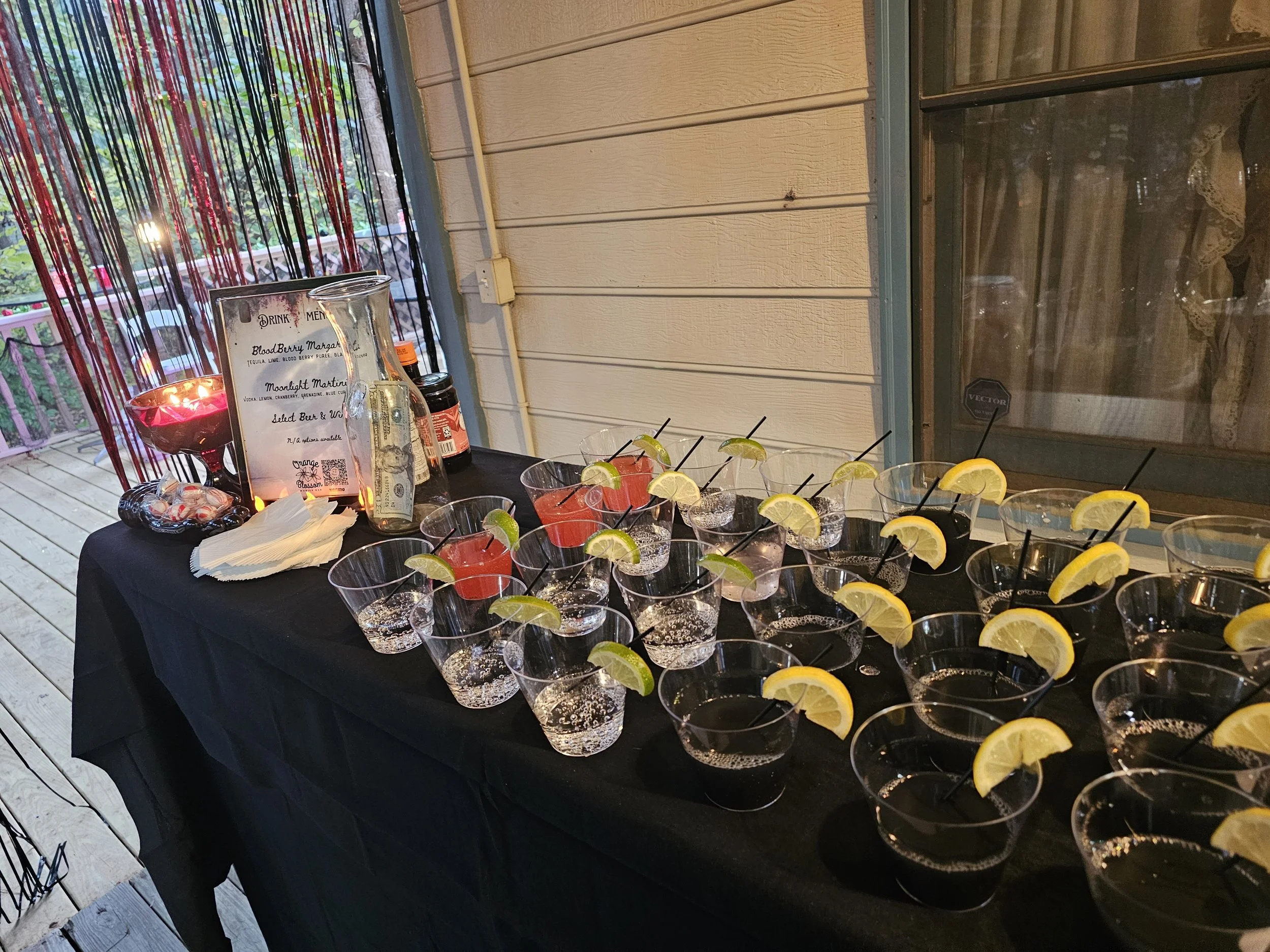Table with drinks featuring lemon slices in glasses, a carafe, and a drink menu at an outdoor event.