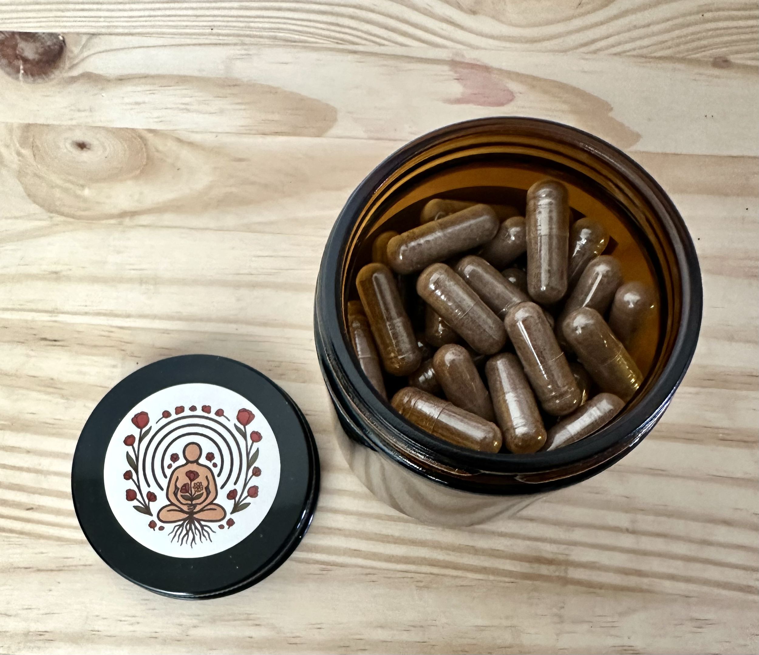 Brown glass jar of placenta capsules Birth and Blood Placenta Encapsulation & Doula Services, Elise Smith Tucson, AZ 