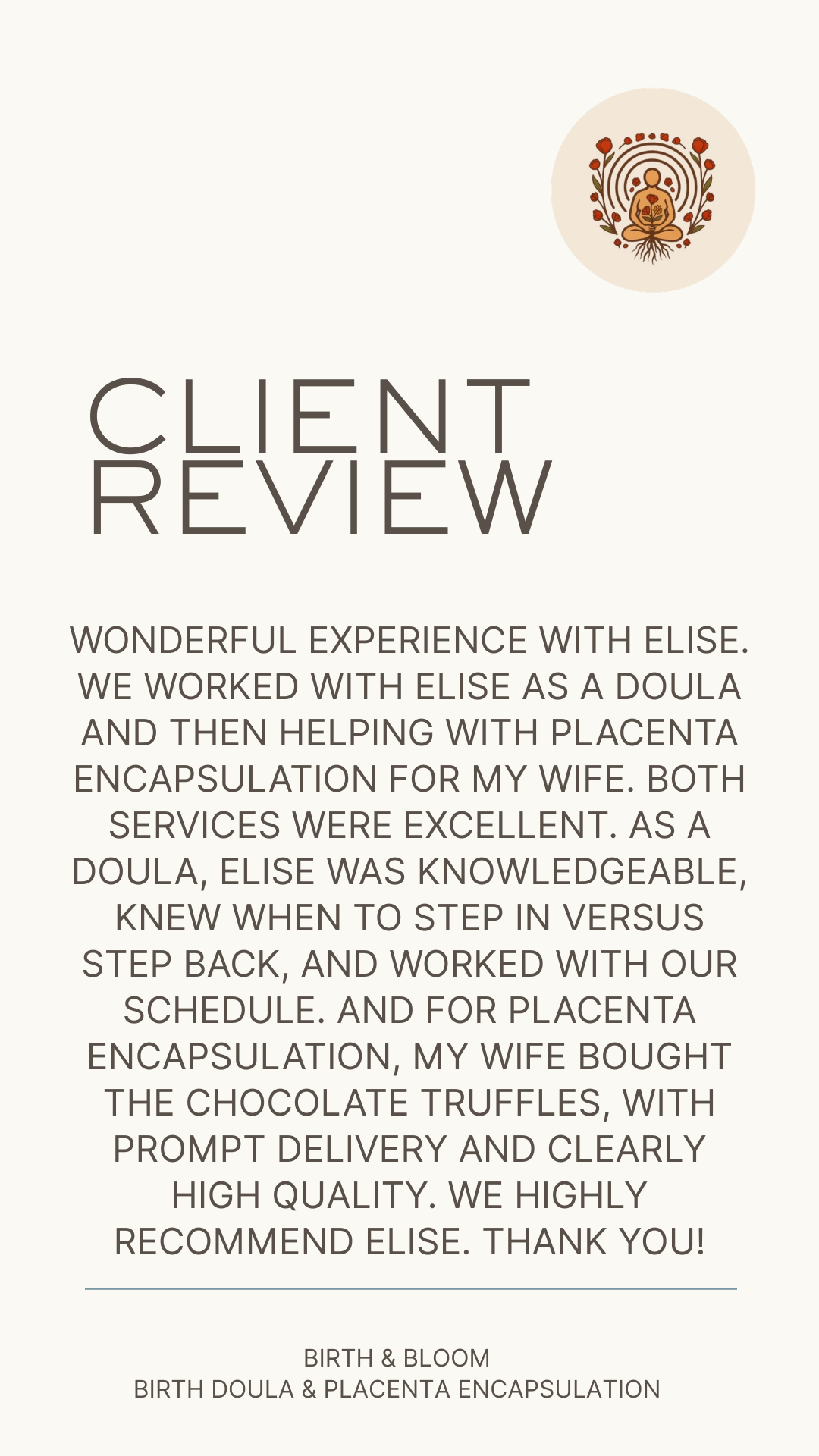Client review text with a logo in the top right corner depicting a person meditating, surrounded by flowers and roots, with a neutral background, and footer with company name and services.
