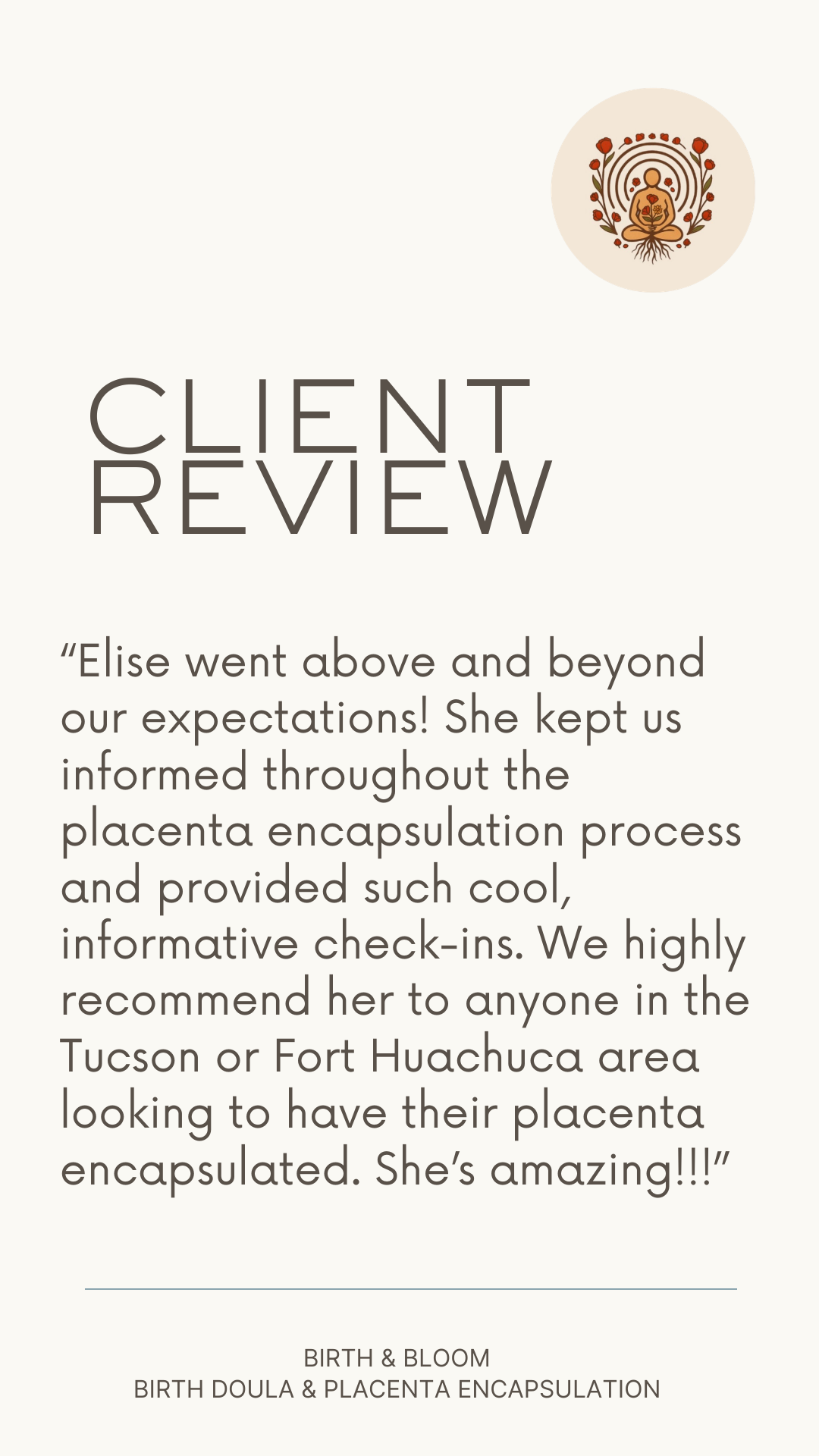 A client review for Birth & Bloom about placenta encapsulation, with a logo featuring a meditative figure surrounded by flowers.
