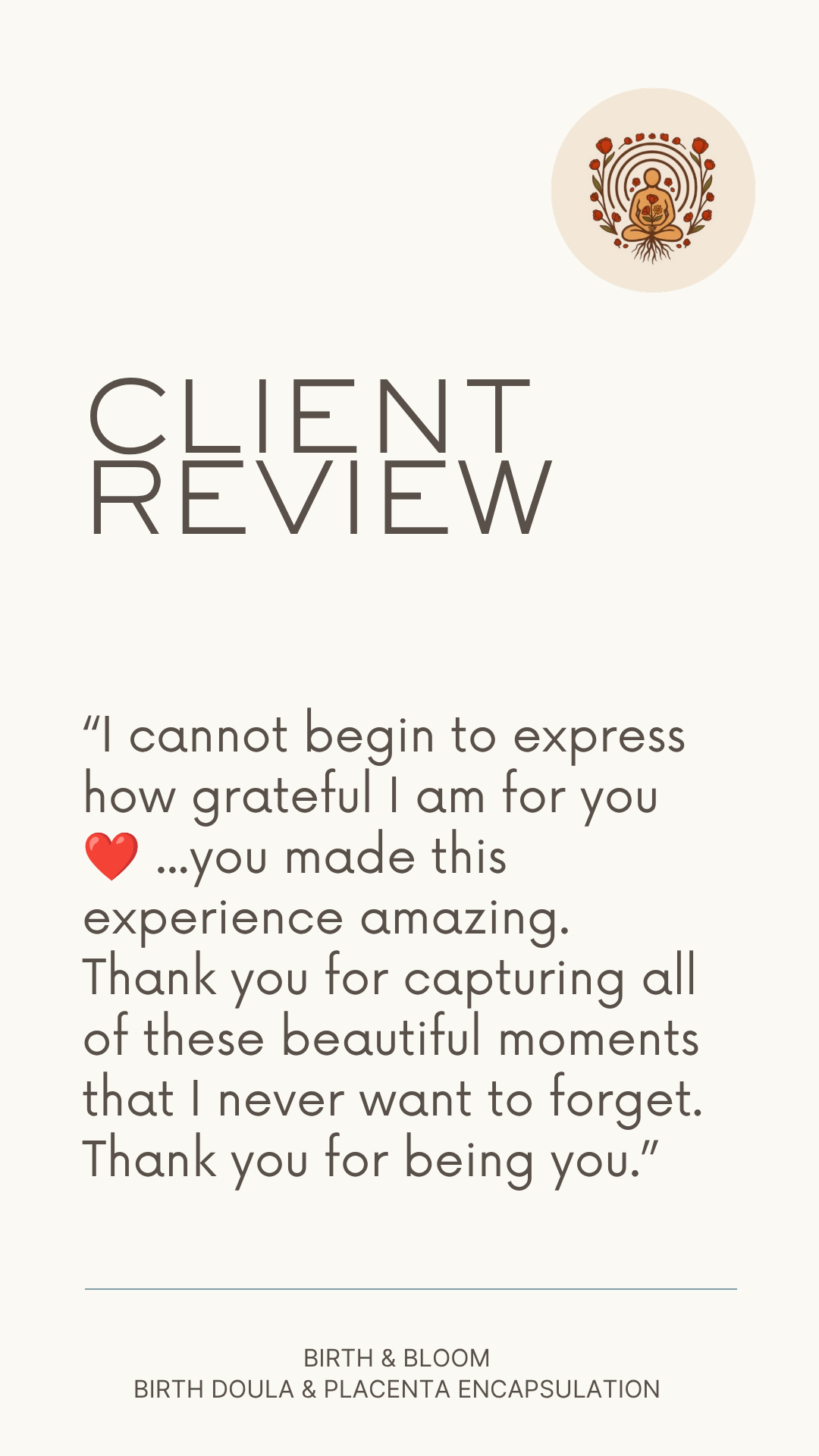 Client review with a quote about gratitude, a heart emoji, and a logo at the top right featuring a person meditating surrounded by plants and roots.