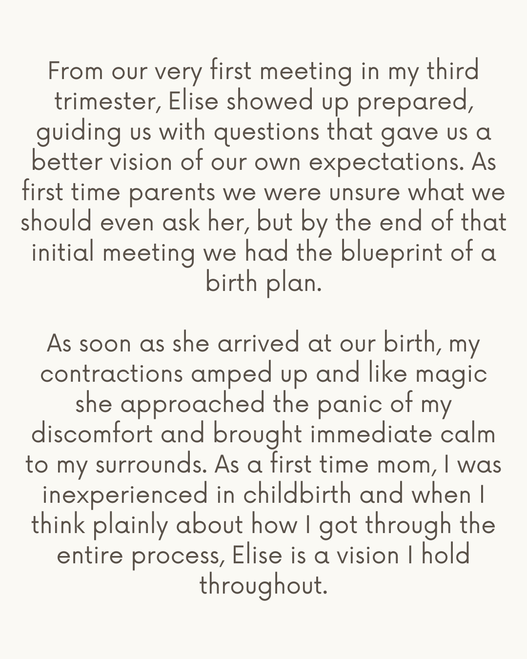 A text recount of a first meeting with childbirth experience, mentioning a person named Elise and describing the emotional journey from pregnancy to birth.