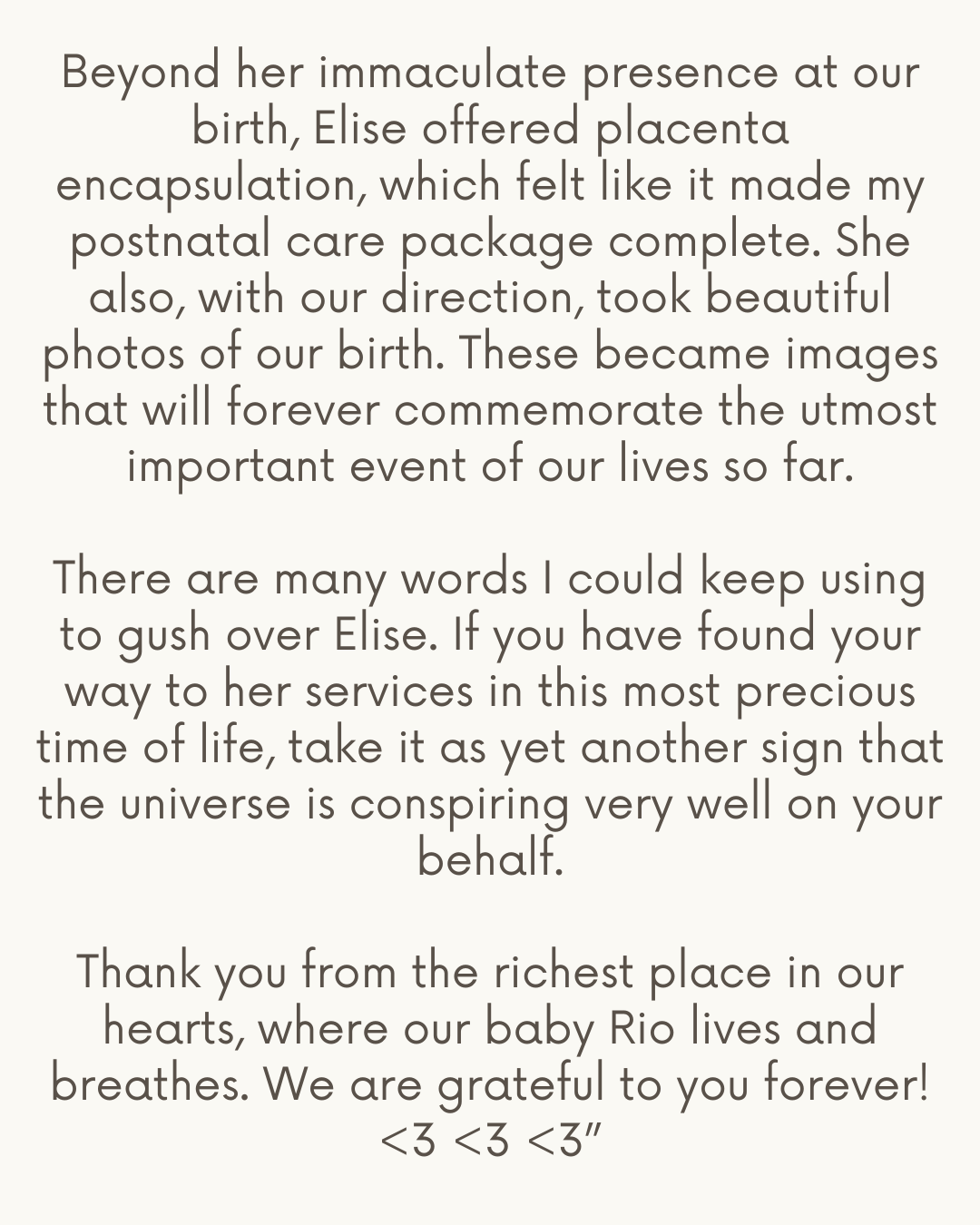 A heartfelt tribute expressing gratitude and love for Elise, emphasizing the significance of birth and the celebration of a new life, with a closing message of appreciation for a baby named Rio.