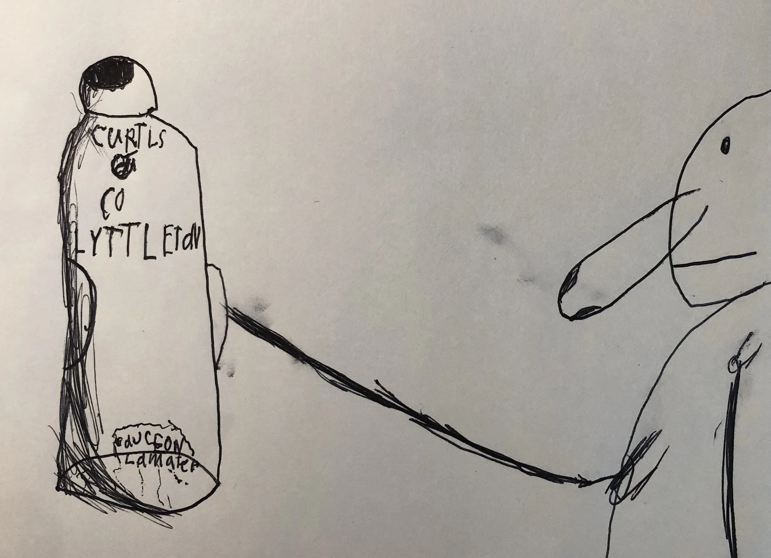 A hand-drawn sketch of a person with short hair and glasses, labeled 'Curtis & Co. Lytle Ed' on their shirt, holding a leash attached to a dog's collar, with the collar label reading 'Dudson Lame'.