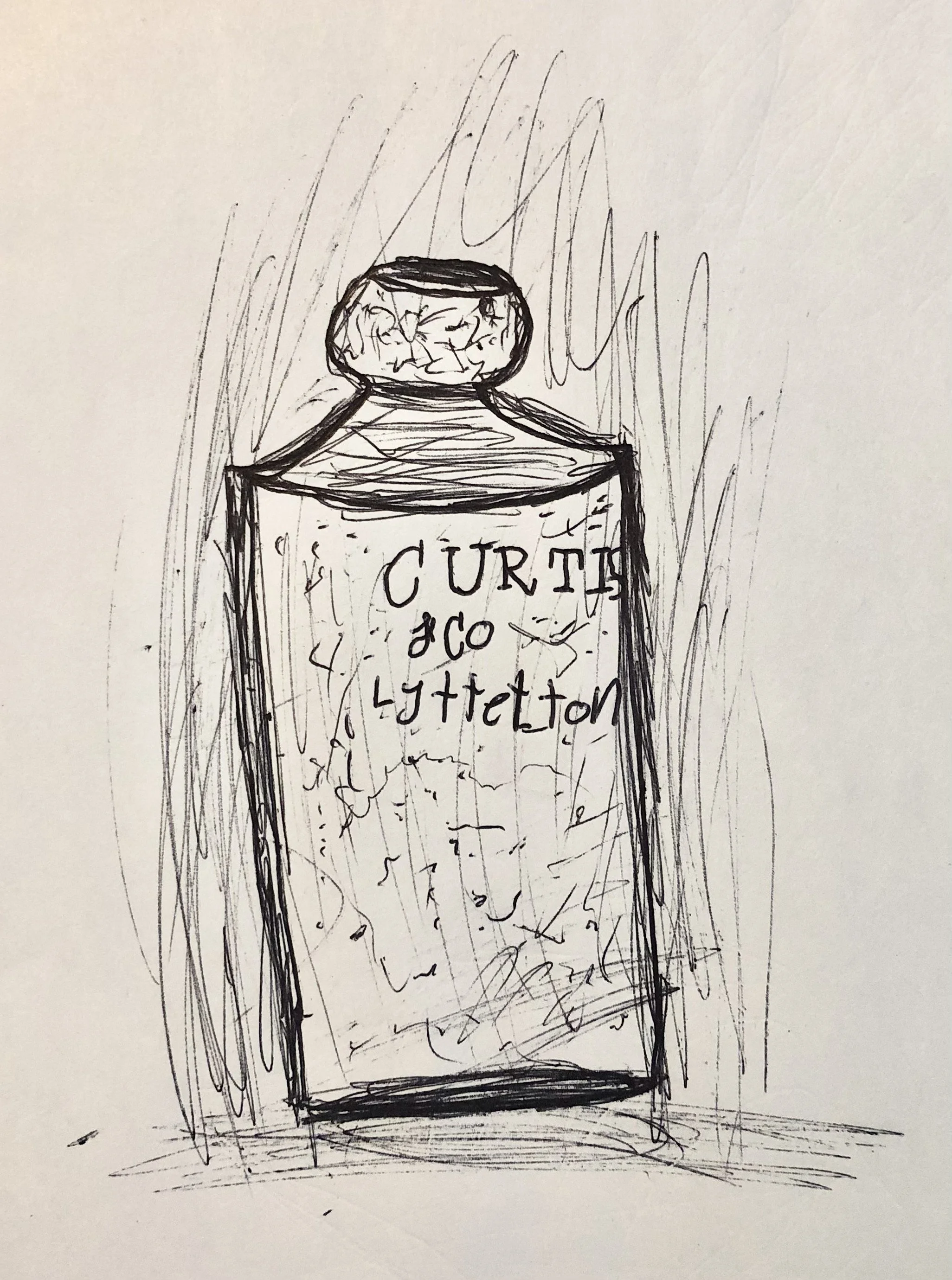 A hand-drawn sketch of a bottle labeled 'Curtis & Co Lyttleton' with a small, round cap on top, surrounded by abstract lines.