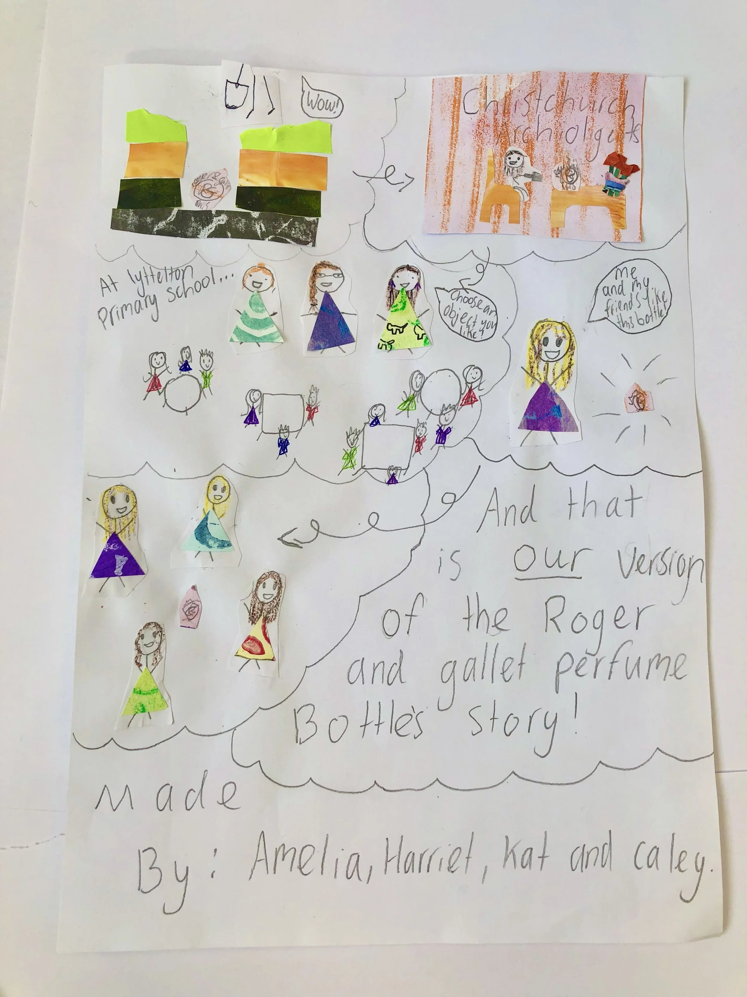 Children's drawing with colorful cut-out paper characters, handwritten text, and illustrations depicting a story about a play titled 'The Story of the Roger and Gallet Perfume Bottles', created by Amelia, Harriet, Kat, and Caley at Lytleton Primary School.