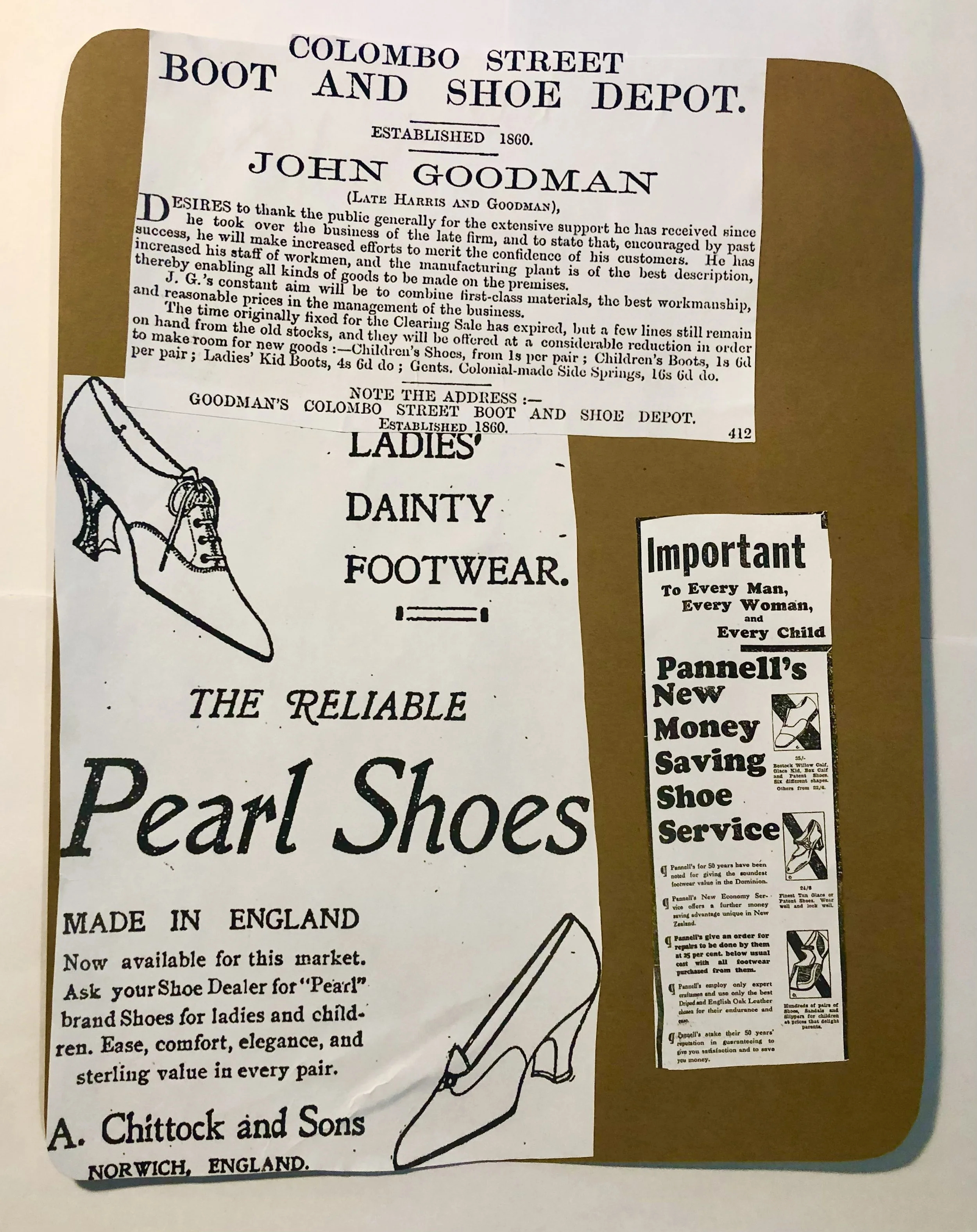 Vintage advertisement for Pearl Shoes, ladies' dainty footwear made in England, featuring text and line drawings of shoes, along with a printed block of text promoting the shoe company's offerings and services.