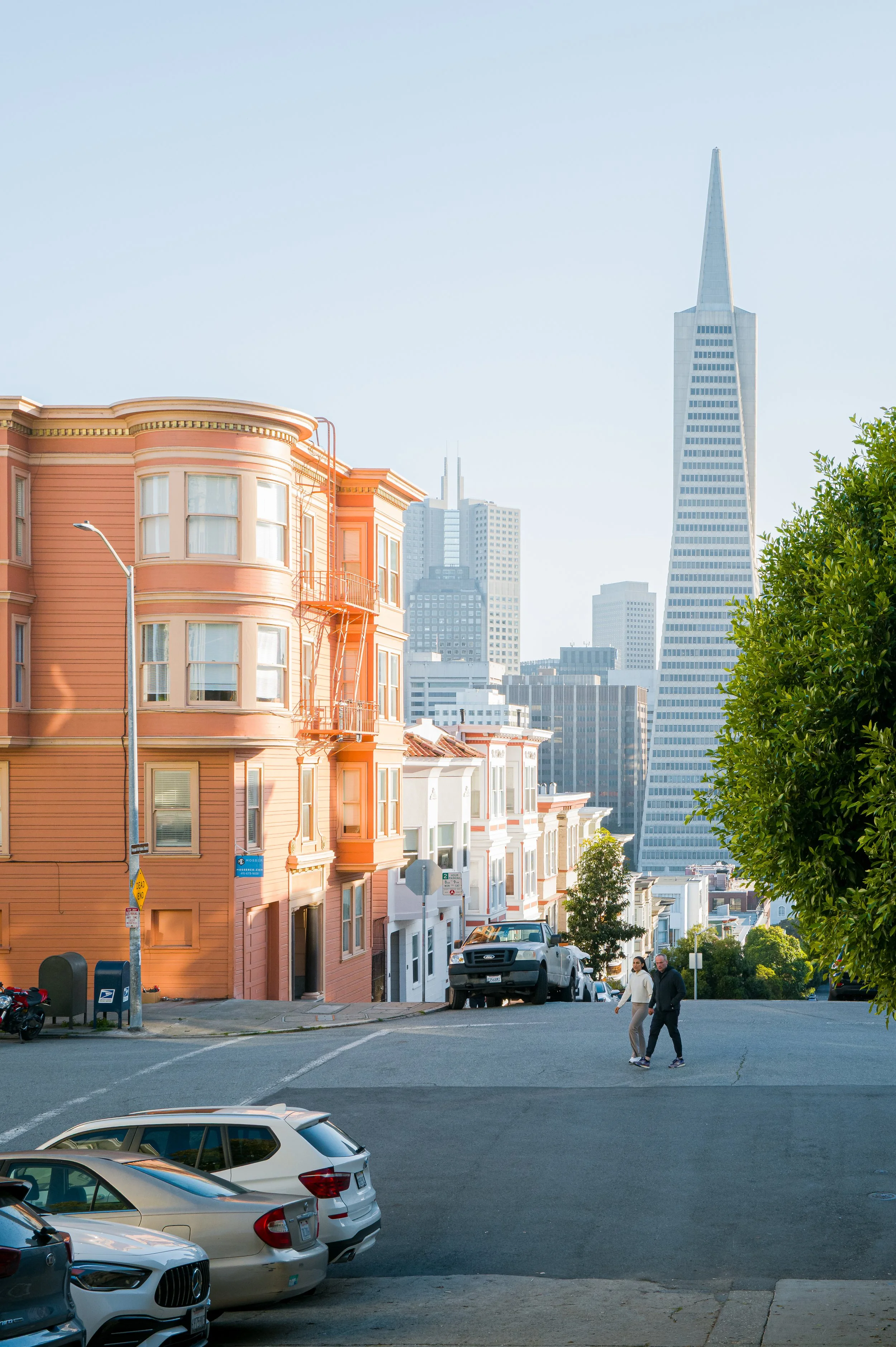 Street view in San Francisco featuring colorful Victorian-style houses, parked cars, pedestrians, and the Salesforce Tower in the background under a clear sky.