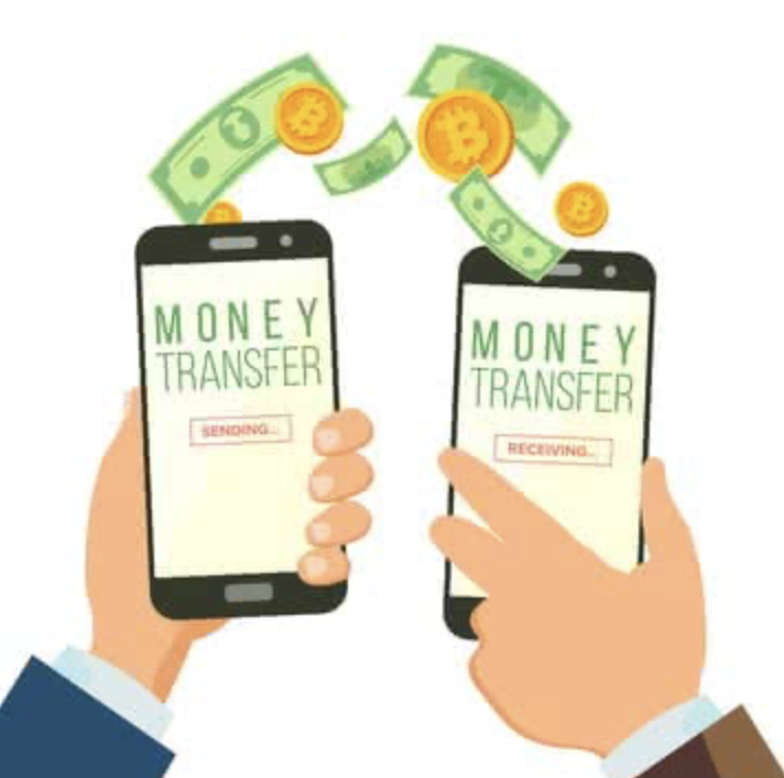 Two smartphones with the words "Money Transfer" on their screens, one labeled "Sending" and the other labeled "Receiving," with animated dollar bills and Bitcoin symbols flying between them, illustrating digital money transfer.
