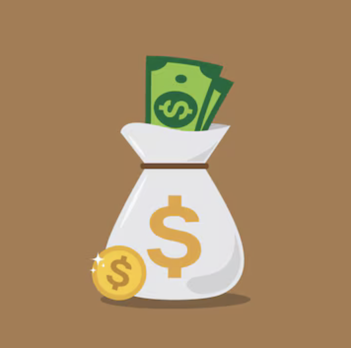 Cartoon illustration of a money bag with a dollar sign, containing dollar bills and accompanied by a gold coin with a dollar sign on it, on a brown background.