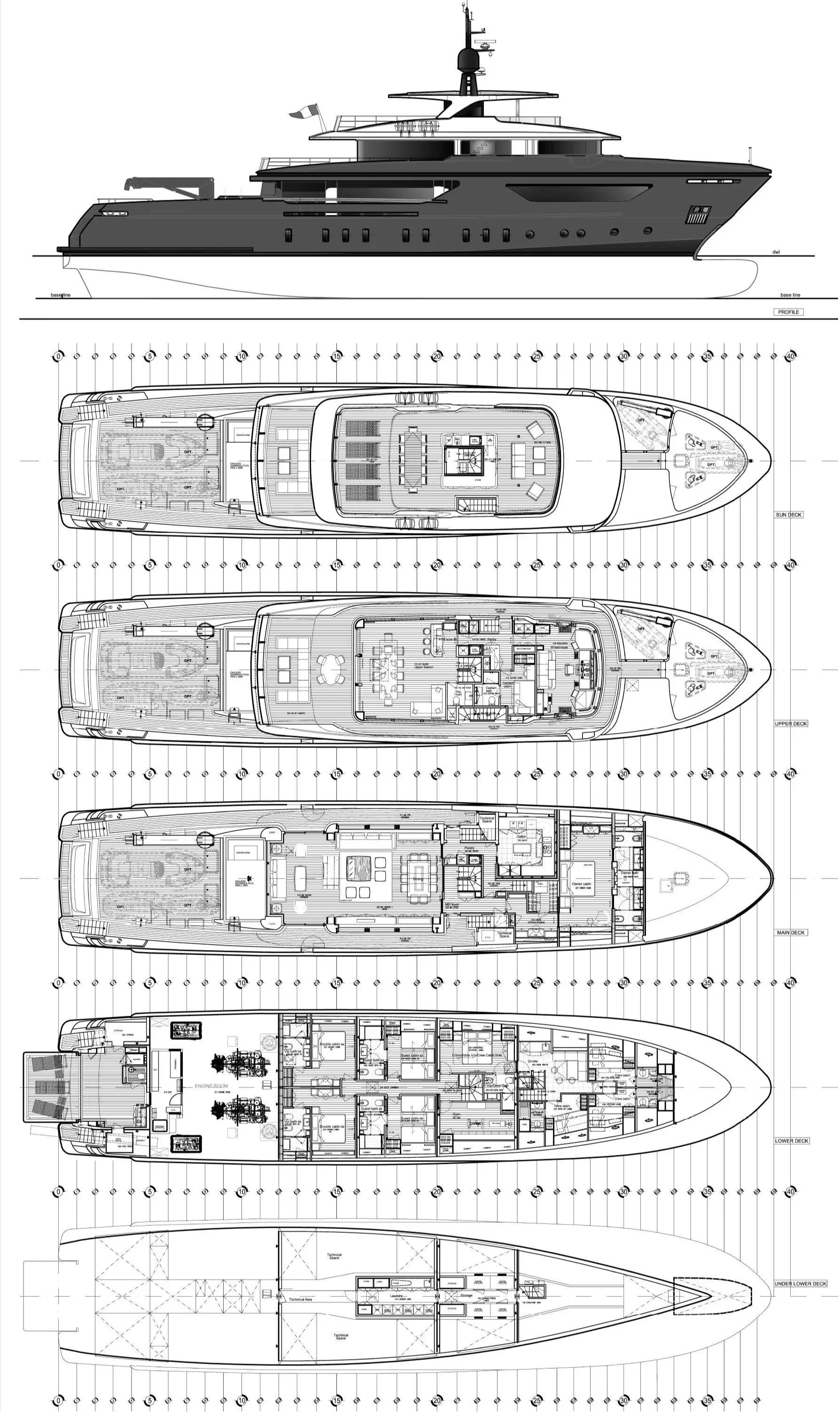 Blueprint of a luxury yacht showing side elevation and detailed floor plans for each deck, including engine room, main deck, upper deck, sun deck, and lower deck.