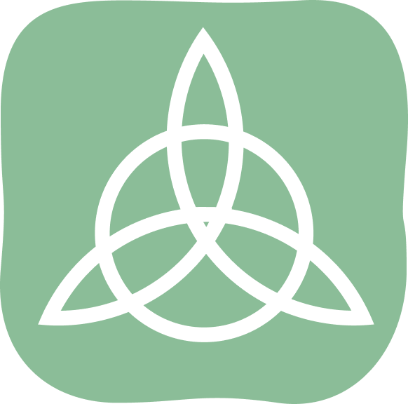 Celtic knot symbol in white on a green background.