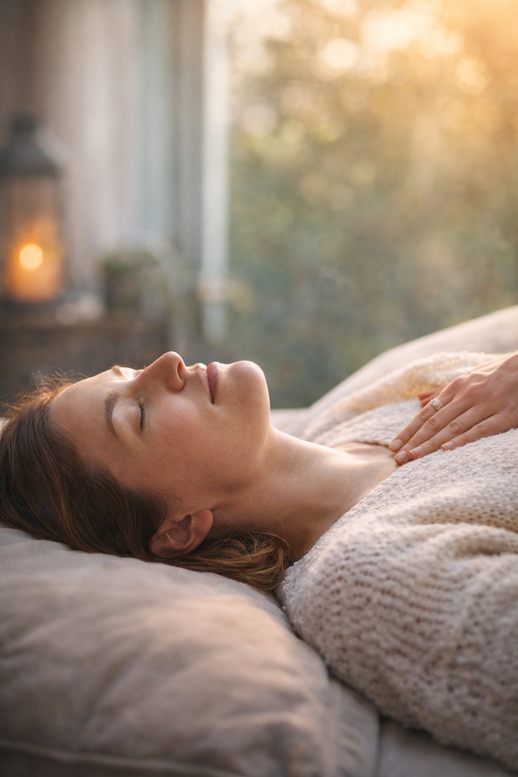 A woman relaxes lying on her back with eyes closed, resting on a soft pillow in a warmly lit room with a blurred background of a window and outdoor scenery.