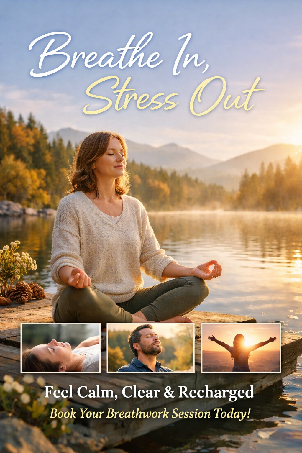 A woman practicing yoga or meditation by a lake at sunset, with three smaller images of different people in serene poses, and text promoting breathwork sessions for relaxation and energy.