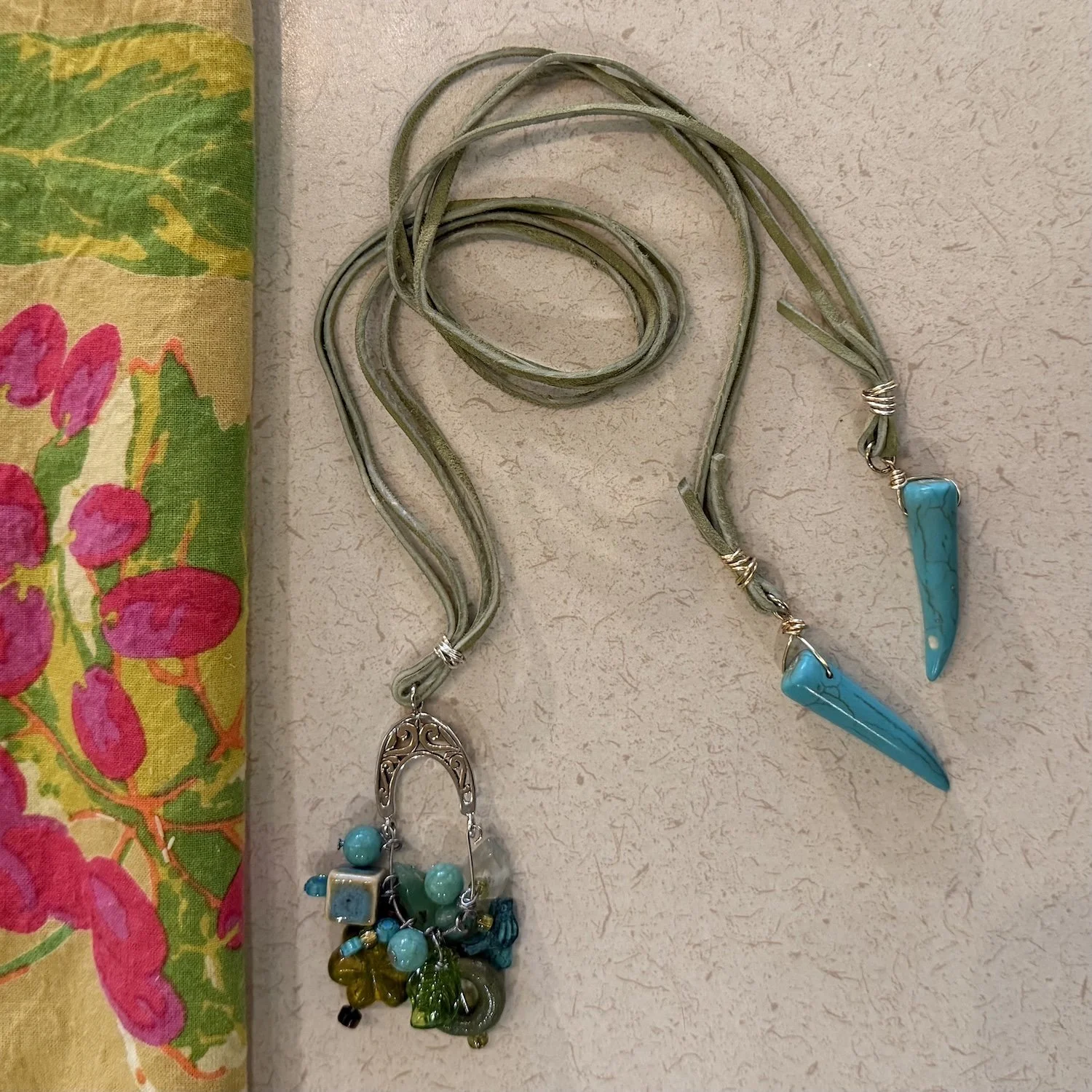 Green Leather Charm Necklace