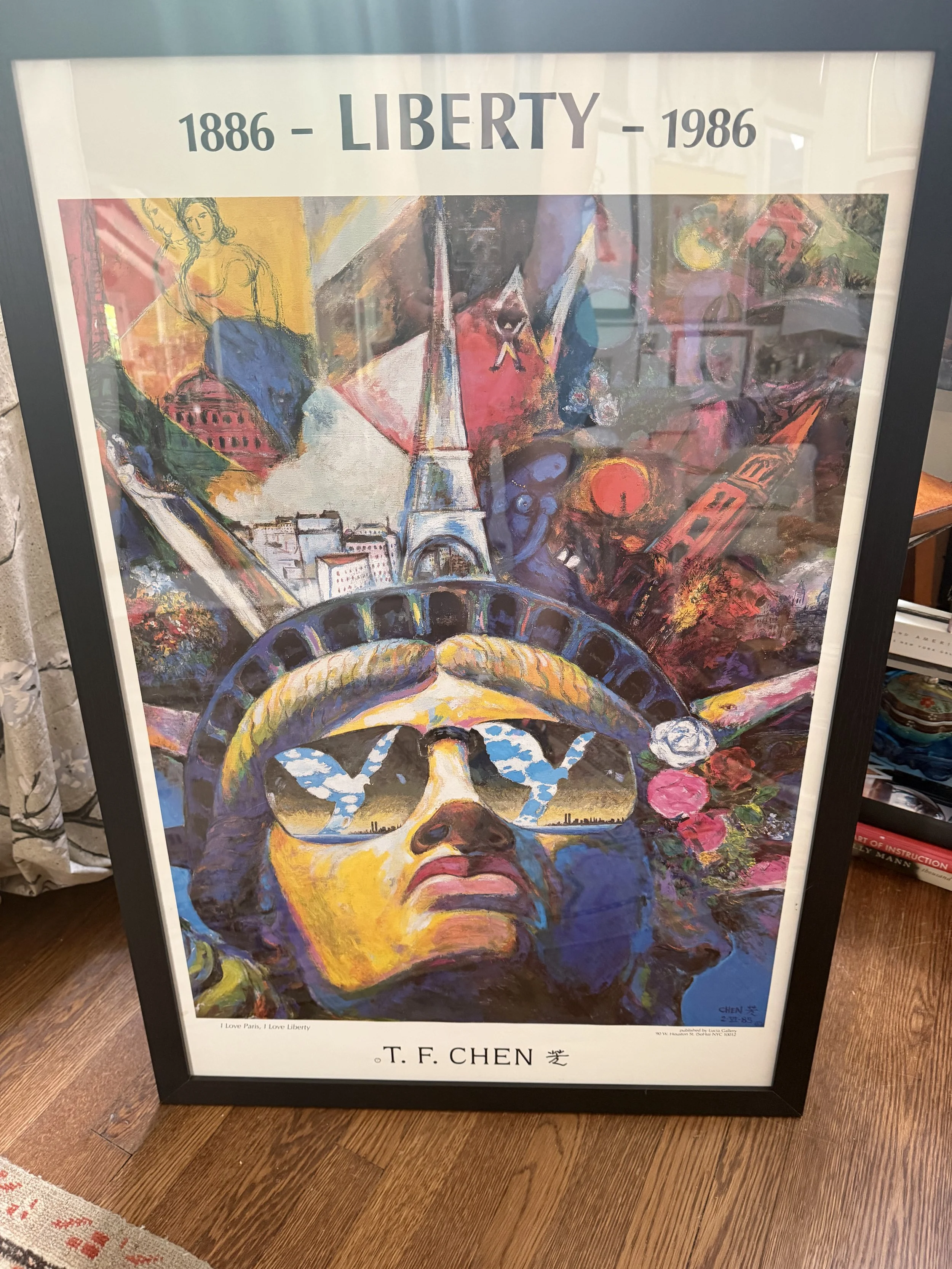 Vintage "I Love Paris, I Love Liberty" Lithograph by T. F. Chen
