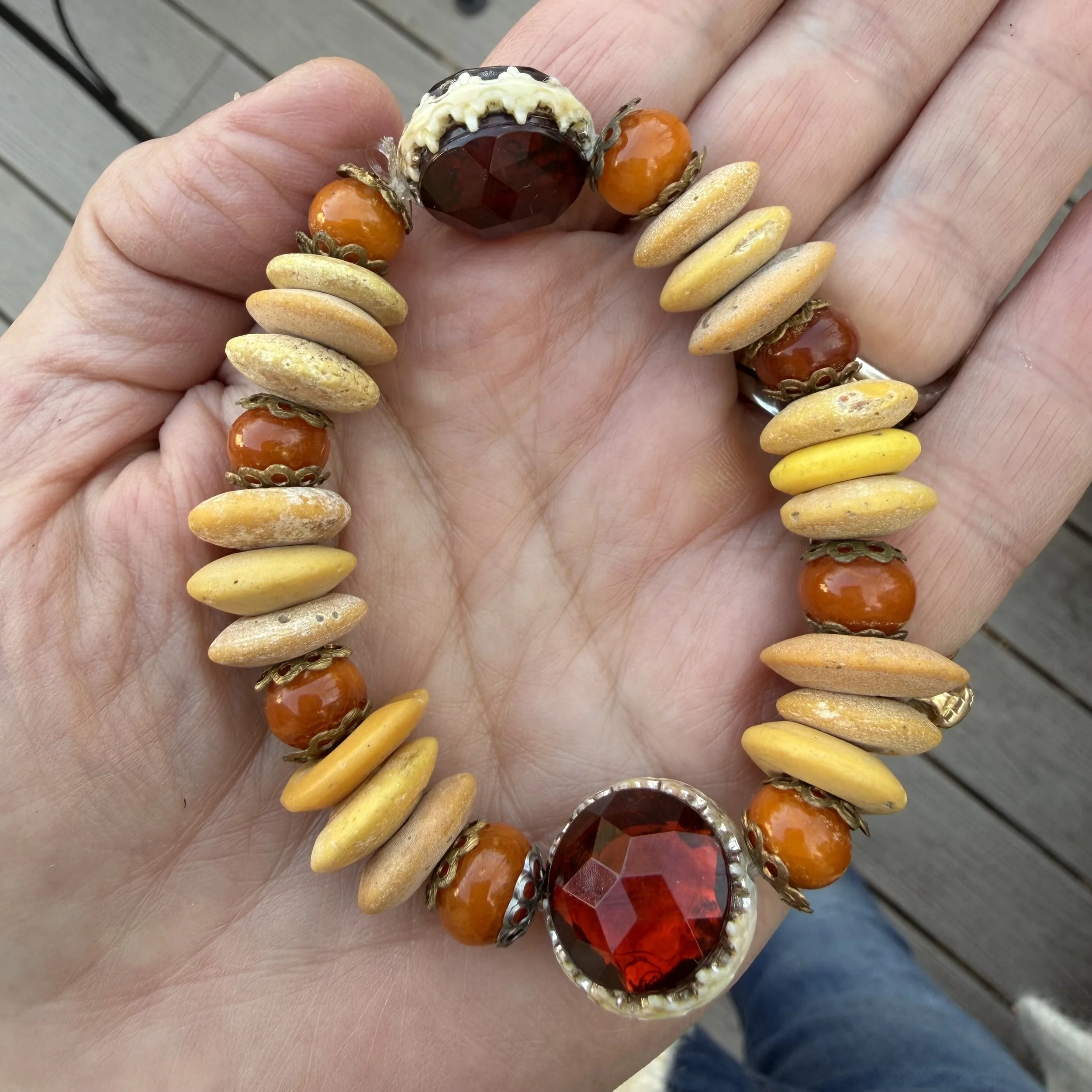 Wood and Vintage Bead Stretch Bracelet