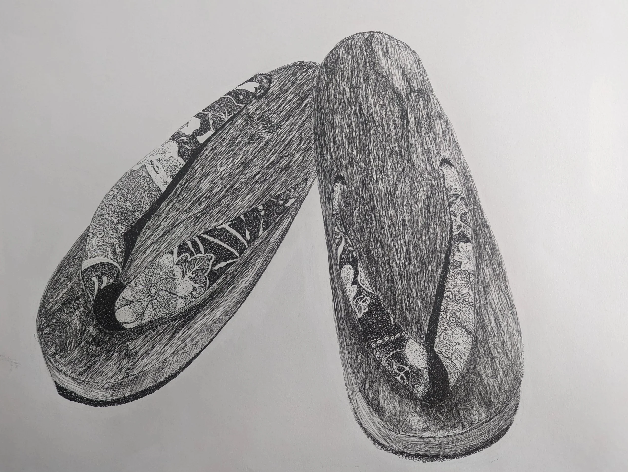 "Geta Sandals", 2024, pen and ink on paper, 24 x 18 in.