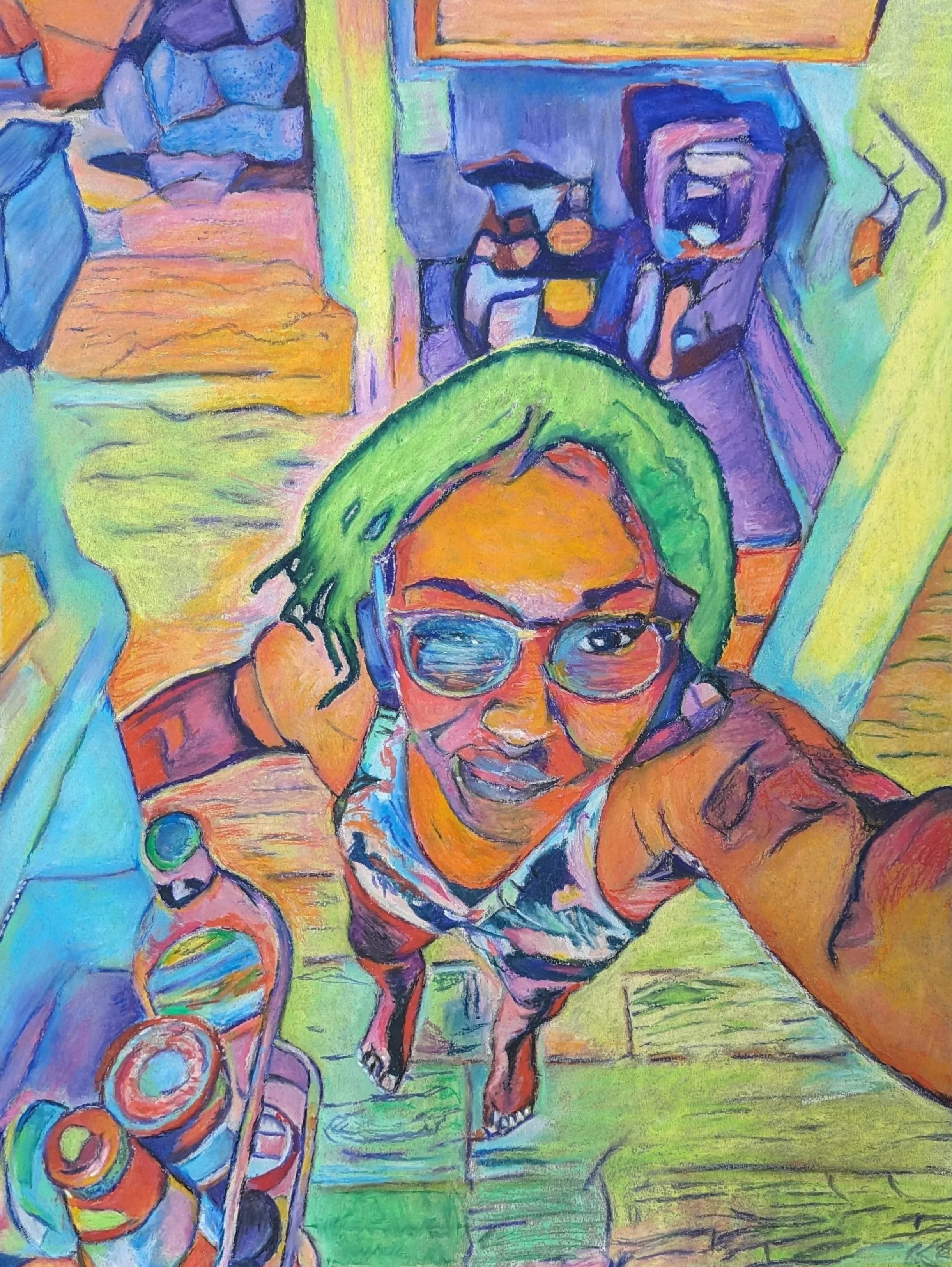 "Here I Go Again", 2024, oil pastel on paper, 19.5 x 25.5 in.