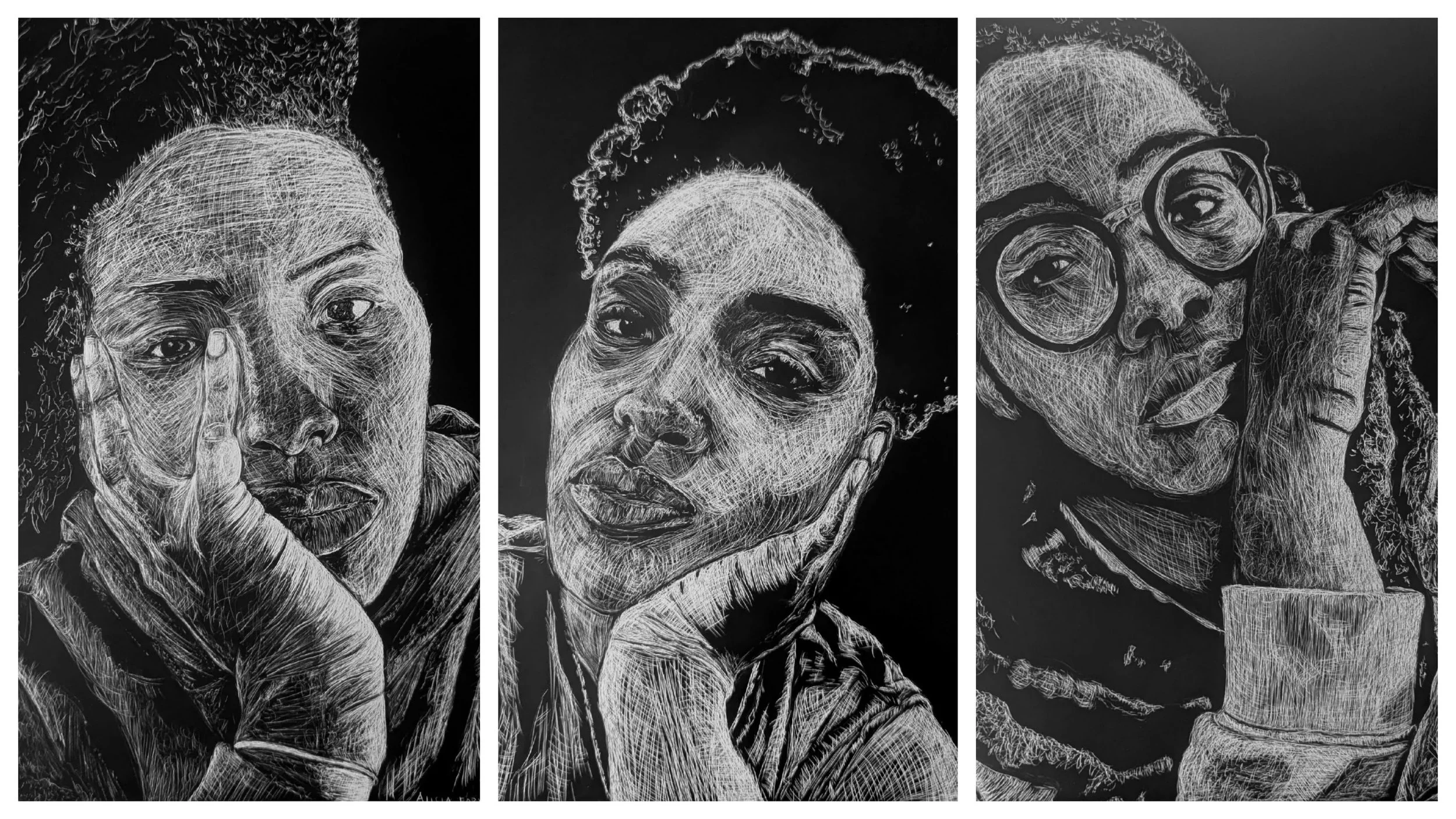 "You Ain't Tired Yet: 2018, 2023, 2025" (triptych), 2025, scratchboard, three panels 8 x 10 in. each