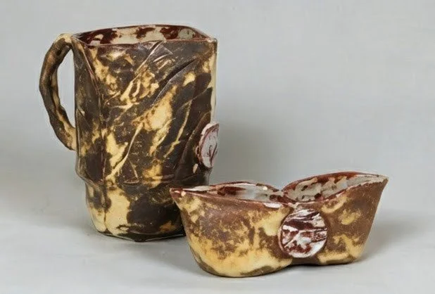 "Ceremonial Drinking Cup and Pitcher", 2025, clay hand-built, pitcher 4.5 x 4.875 x 6.5 in. approx.; double-spouted cup 2.5 x 7 x 2 in. approx.