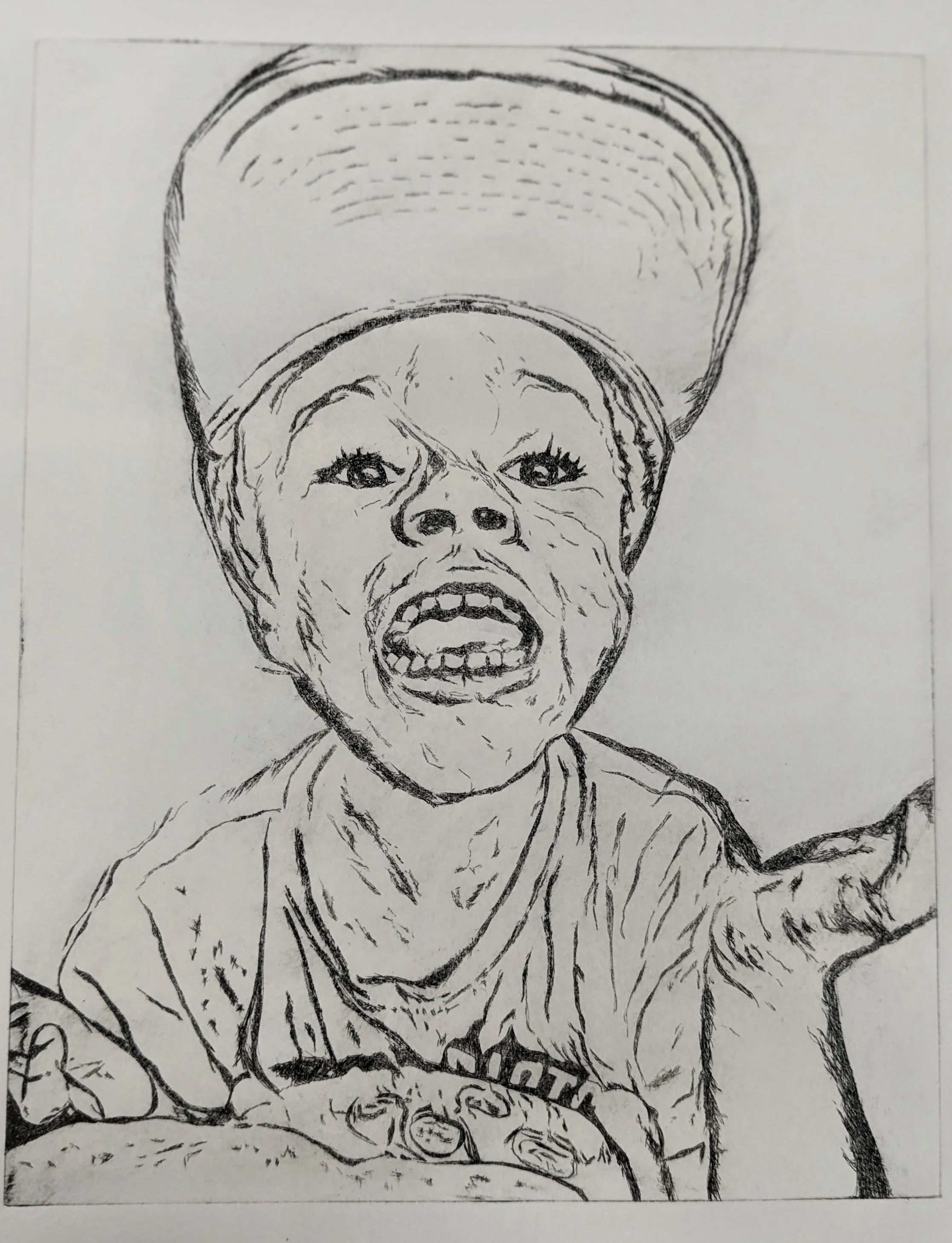 "Ezra," 2024, intaglio drypoint on plexiglass print, 11 x 15 in.