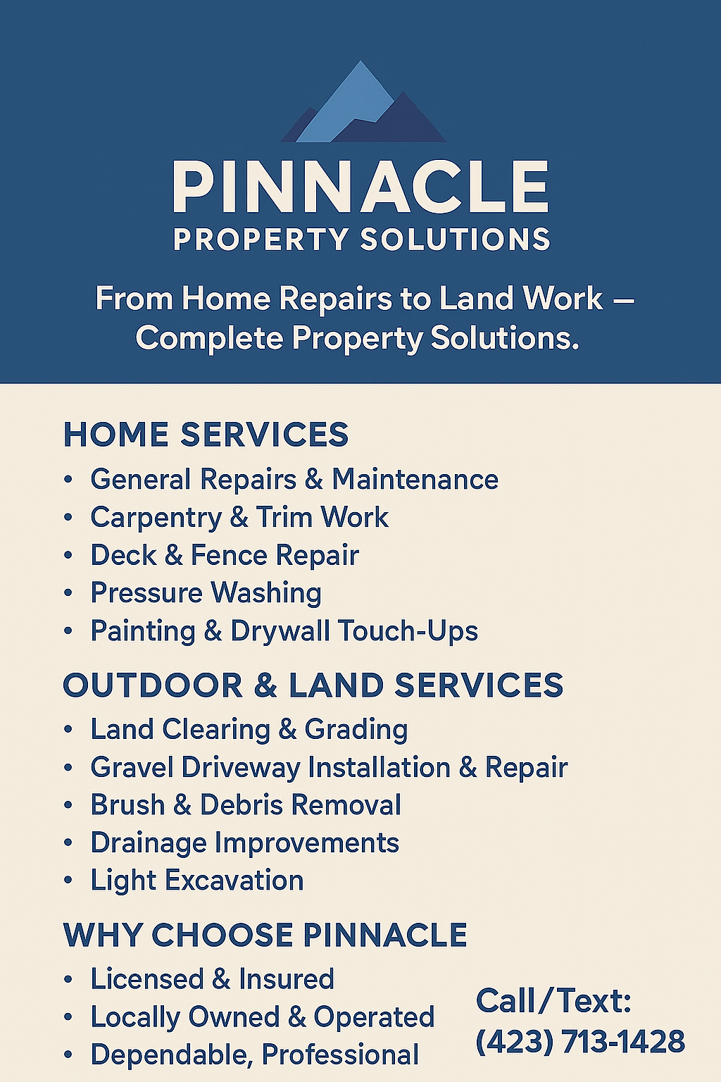 Business flyer for Pinnacle Property Solutions listing services like home repairs, land work, and outdoor services, with contact information.